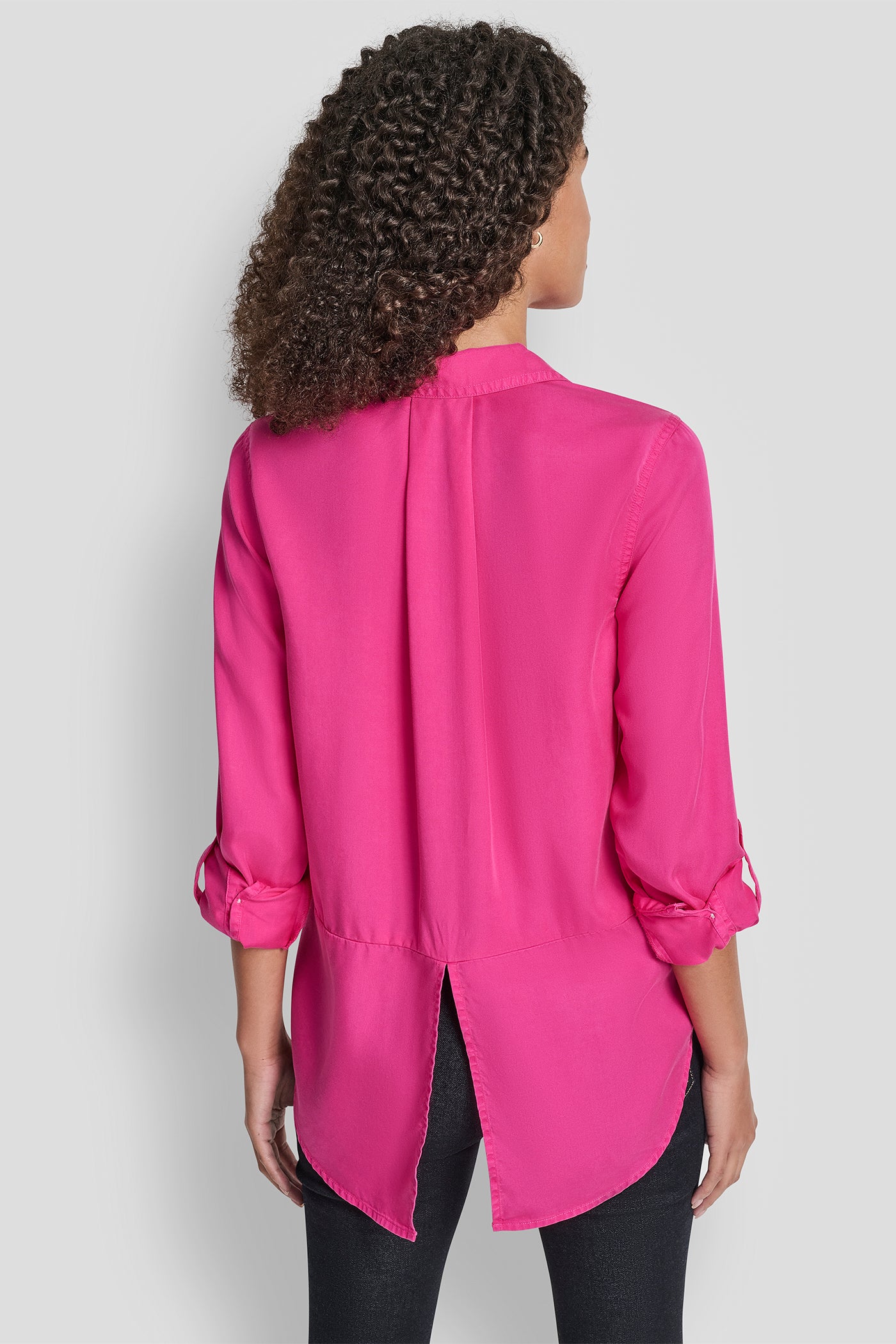 FESTIVE PINK SPLIT BACK BUTTON FRONT WITH ROLL TAB, BACK VIEW | New Arrivals