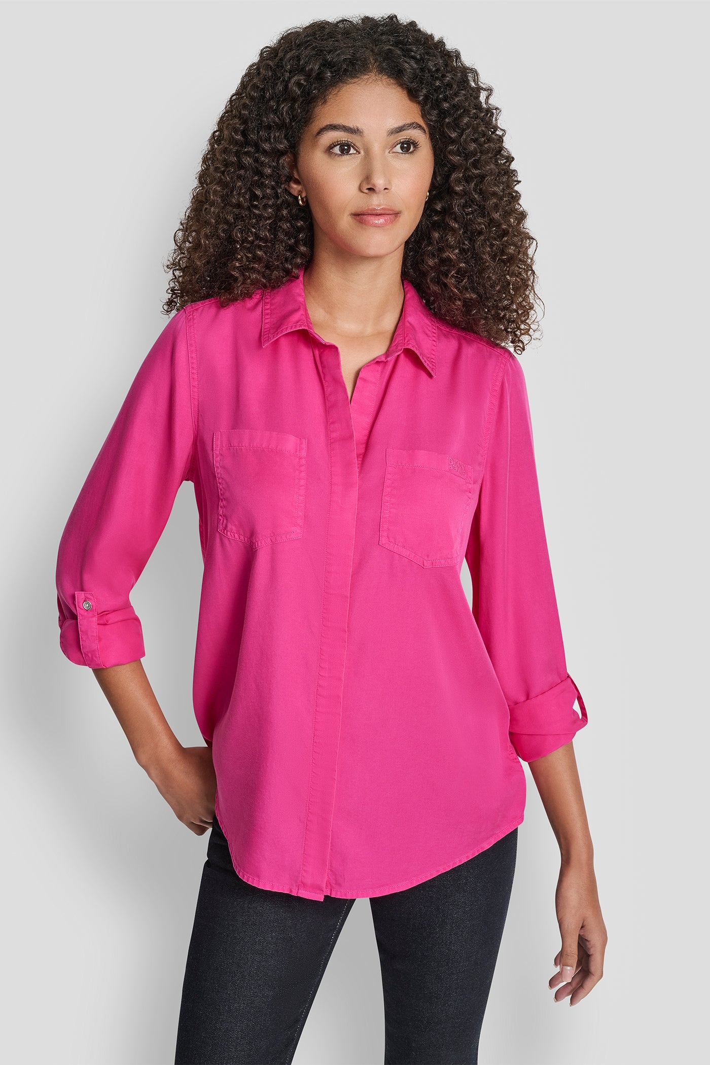 FESTIVE PINK SPLIT BACK BUTTON FRONT WITH ROLL TAB, FRONT VIEW | New Arrivals
