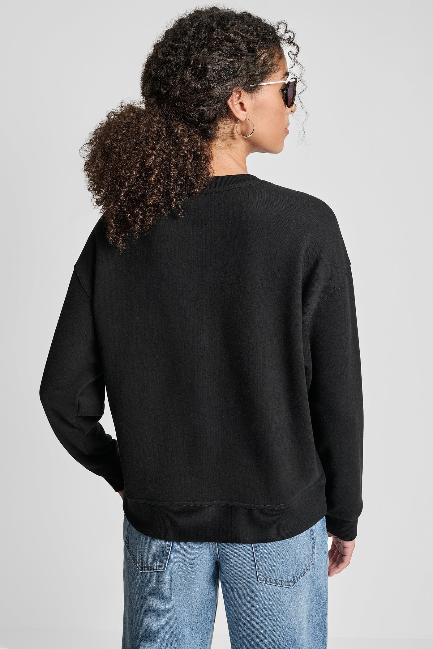 BLACK/SILVER DKNY RHINESTONE STUD LOGO CREW NECK SWEATSHIRT, VIEW 2 | Back-To-School Shop