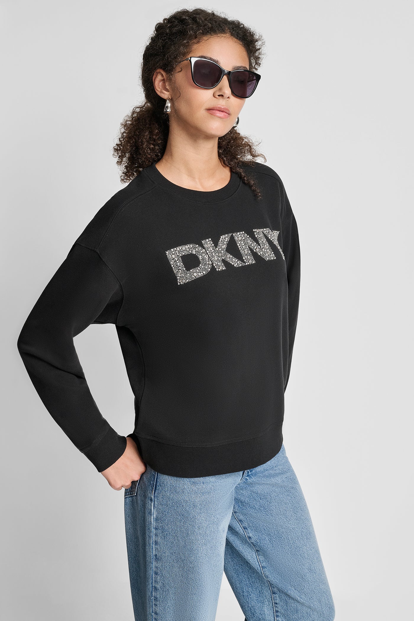 BLACK/SILVER DKNY RHINESTONE STUD LOGO CREW NECK SWEATSHIRT, VIEW 1 | Back-To-School Shop