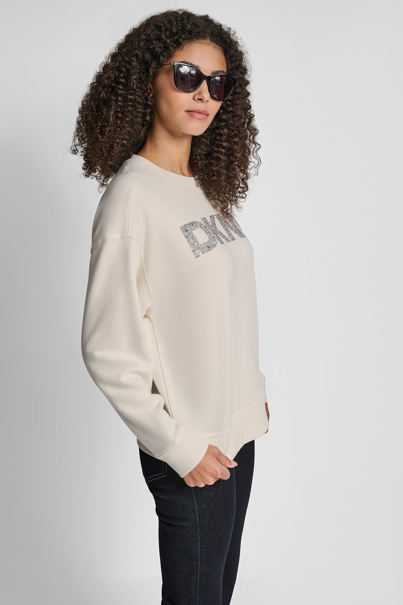 DKNY RHINESTONE STUD LOGO CREW NECK SWEATSHIRT VIEW 3 | Back-To-School Shop
