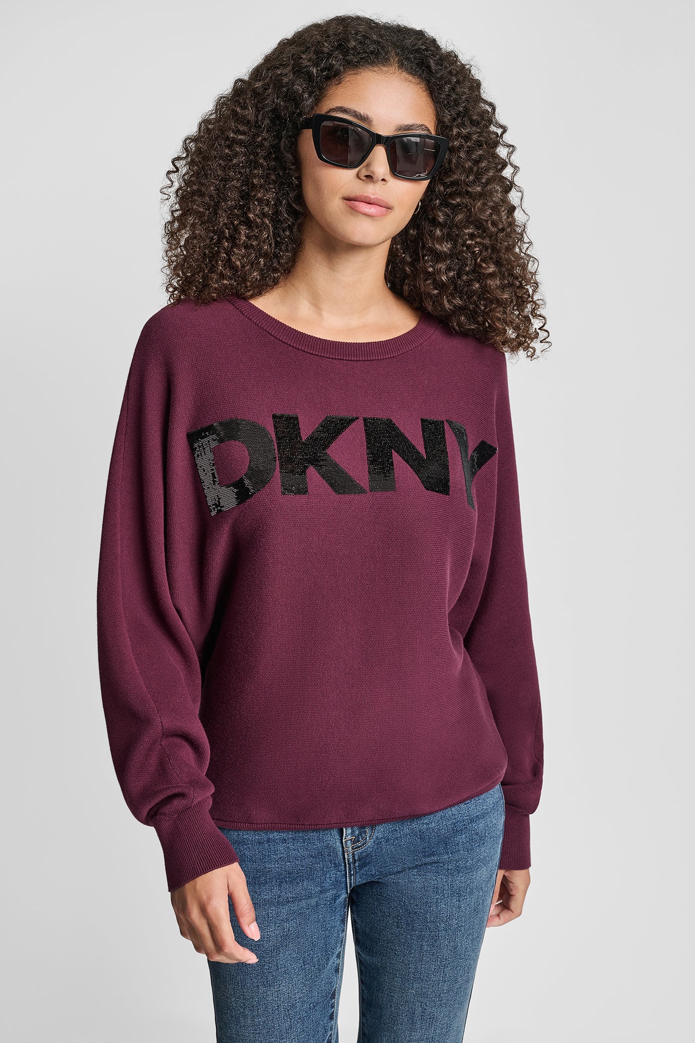 Syrah/Black DOLMAN SLEEVE SEQUIN LOGO SWEATER, VIEW 1 | New Arrivals