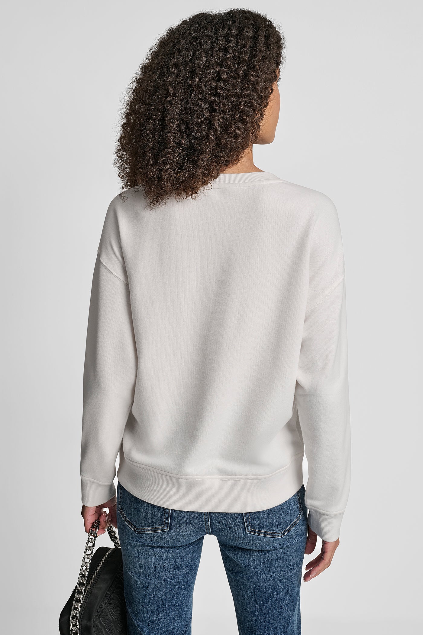 IVORY/SILVER DKNY RHINESTONE STUD LOGO CREW NECK SWEATSHIRT, VIEW 2 | Sweatshirts & Joggers