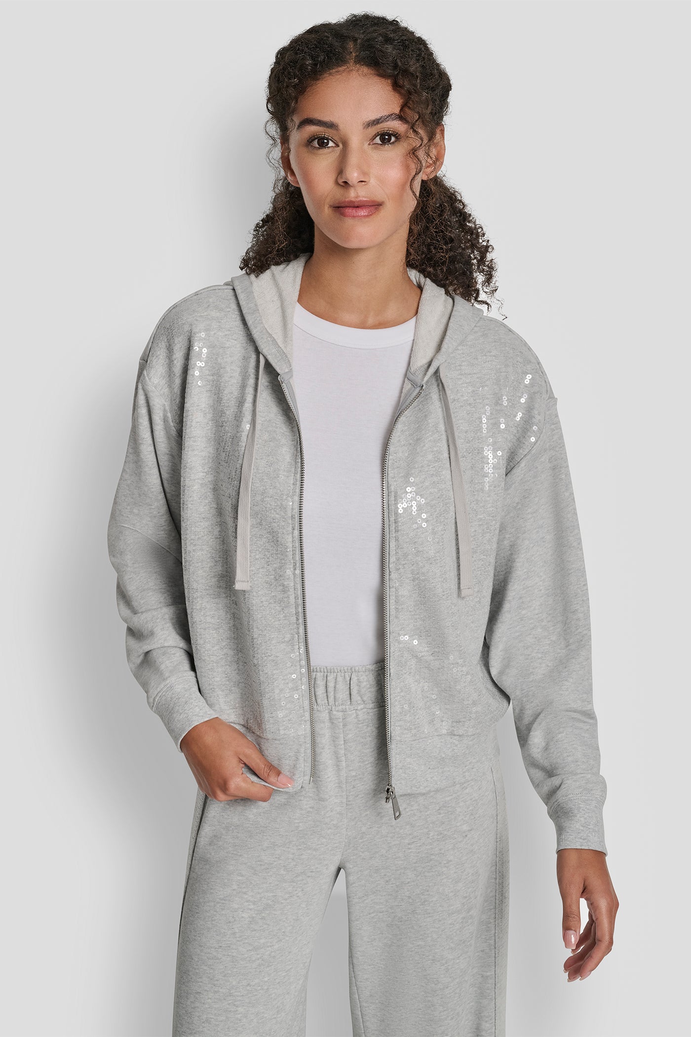 SKY GREY HEATHER SEQUIN ZIP FRONT HOODIE, FRONT VIEW | New Arrivals