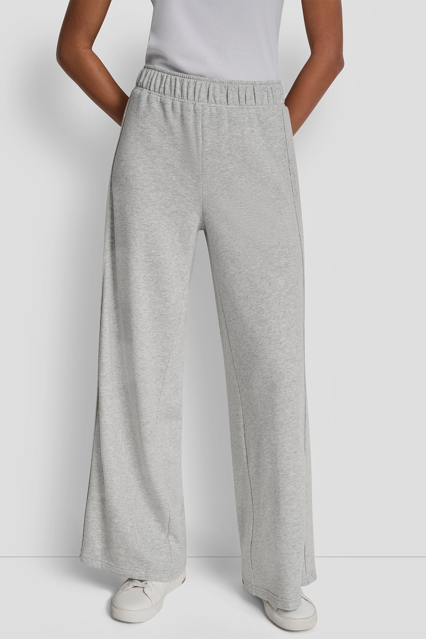 SKY GREY HEATHER SEQUIN SIDE SEAM STRIPE WIDE LEG PANT, FRONT VIEW | DKNY Promo