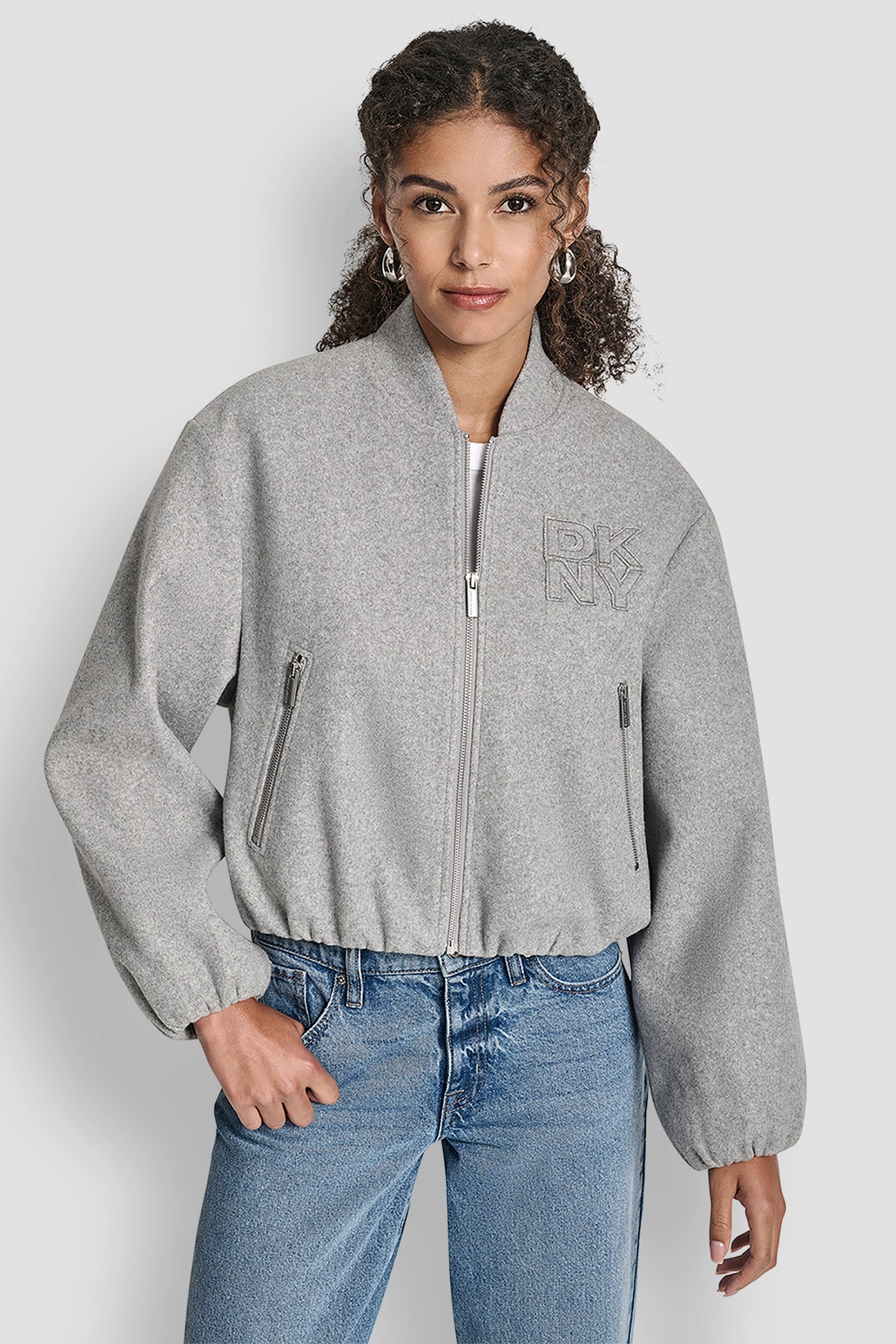 Grey ZIP FRONT BOMBER JACKET WITH SELF APPLIQUE LOGO, VIEW 1 | Clothing