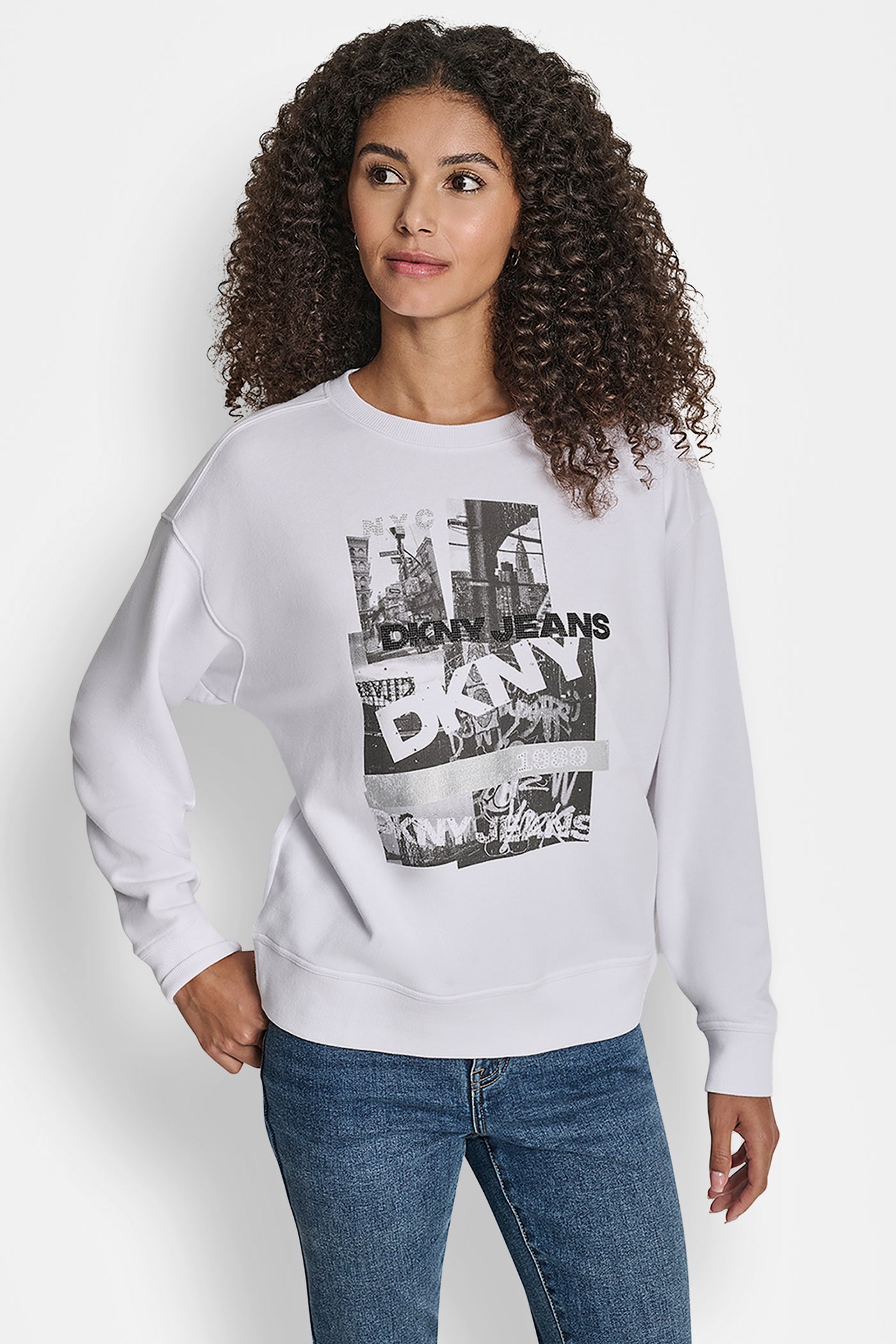White NYC DKNY PHOTOREAL REAL SWEATSHIRT, FRONT VIEW | DKNY Promo
