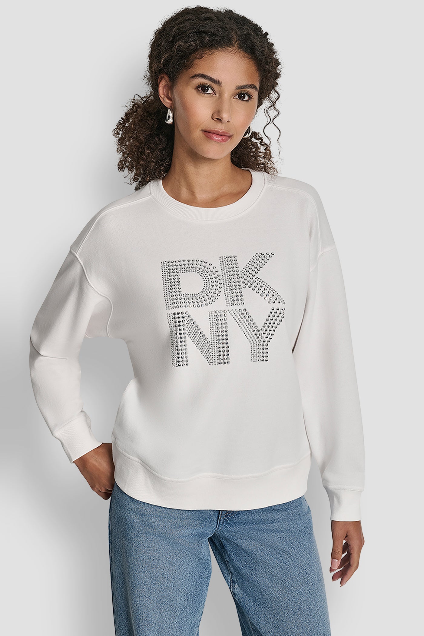 IVORY/SILVER DKNY NEW YORK STACKED MIXED RHINESTONE LOGO SWEATSHIRT, FRONT VIEW | Clothing