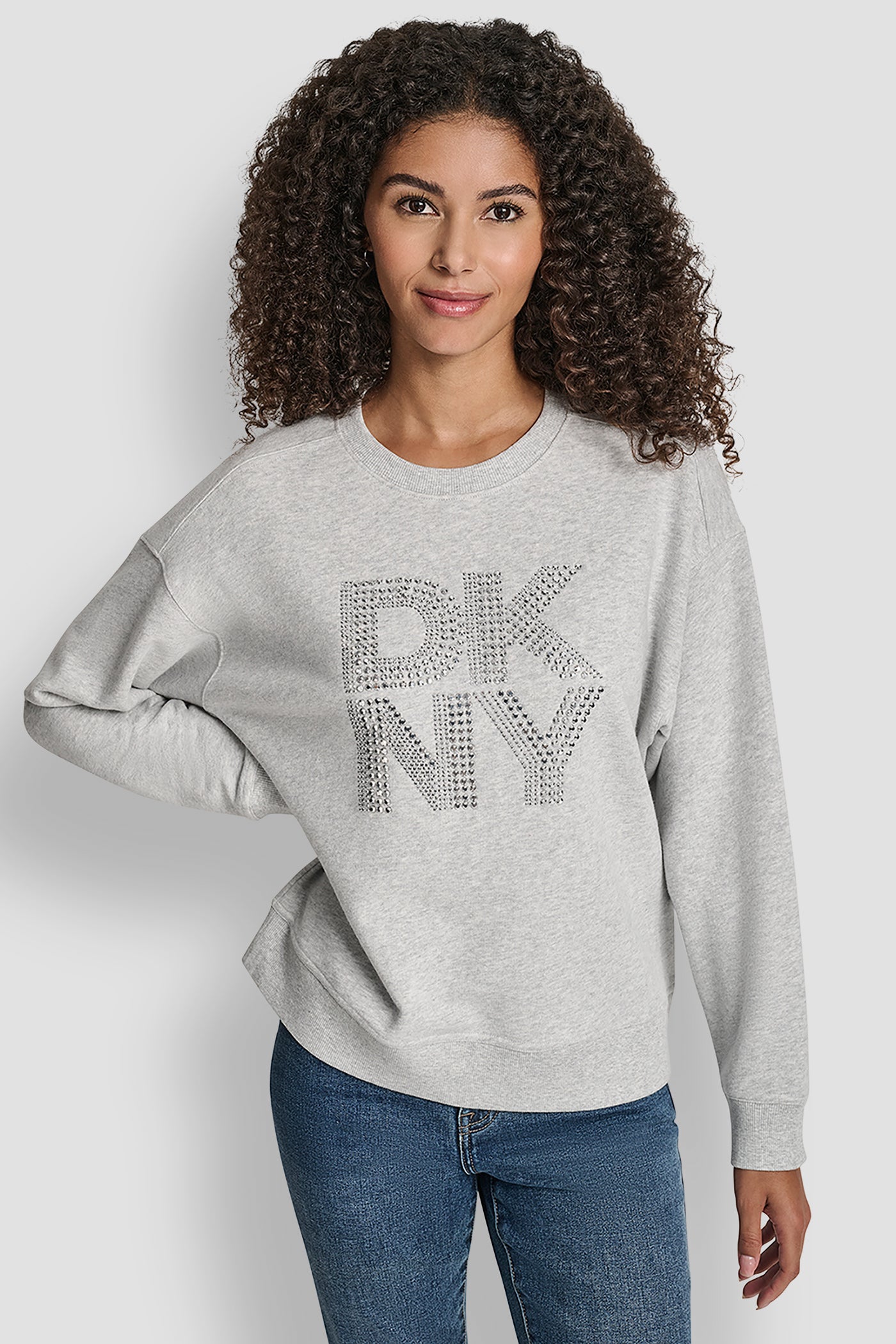 Sky Grey Heather/Silver DKNY NEW YORK STACKED MIXED RHINESTONE LOGO SWEATSHIRT, FRONT VIEW | Clothing
