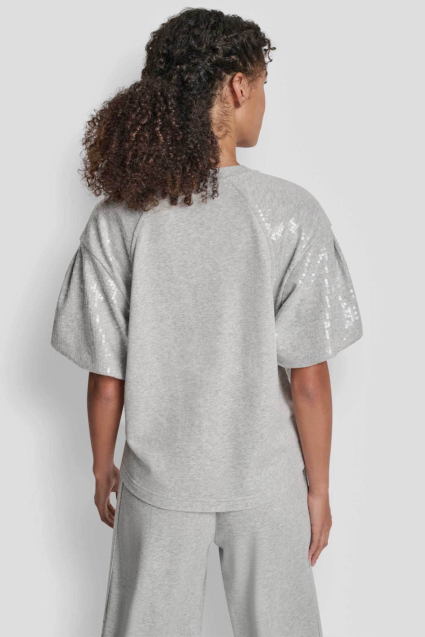 SKY GREY HEATHER SEQUIN PUFF SLEEVE SWEATER, BACK VIEW | WOMEN'S SWEATERS & TOPS