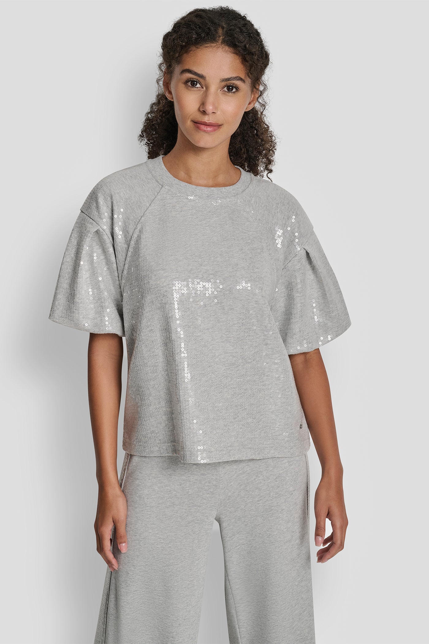 SKY GREY HEATHER SEQUIN PUFF SLEEVE SWEATER, FRONT VIEW | WOMEN'S SWEATERS & TOPS