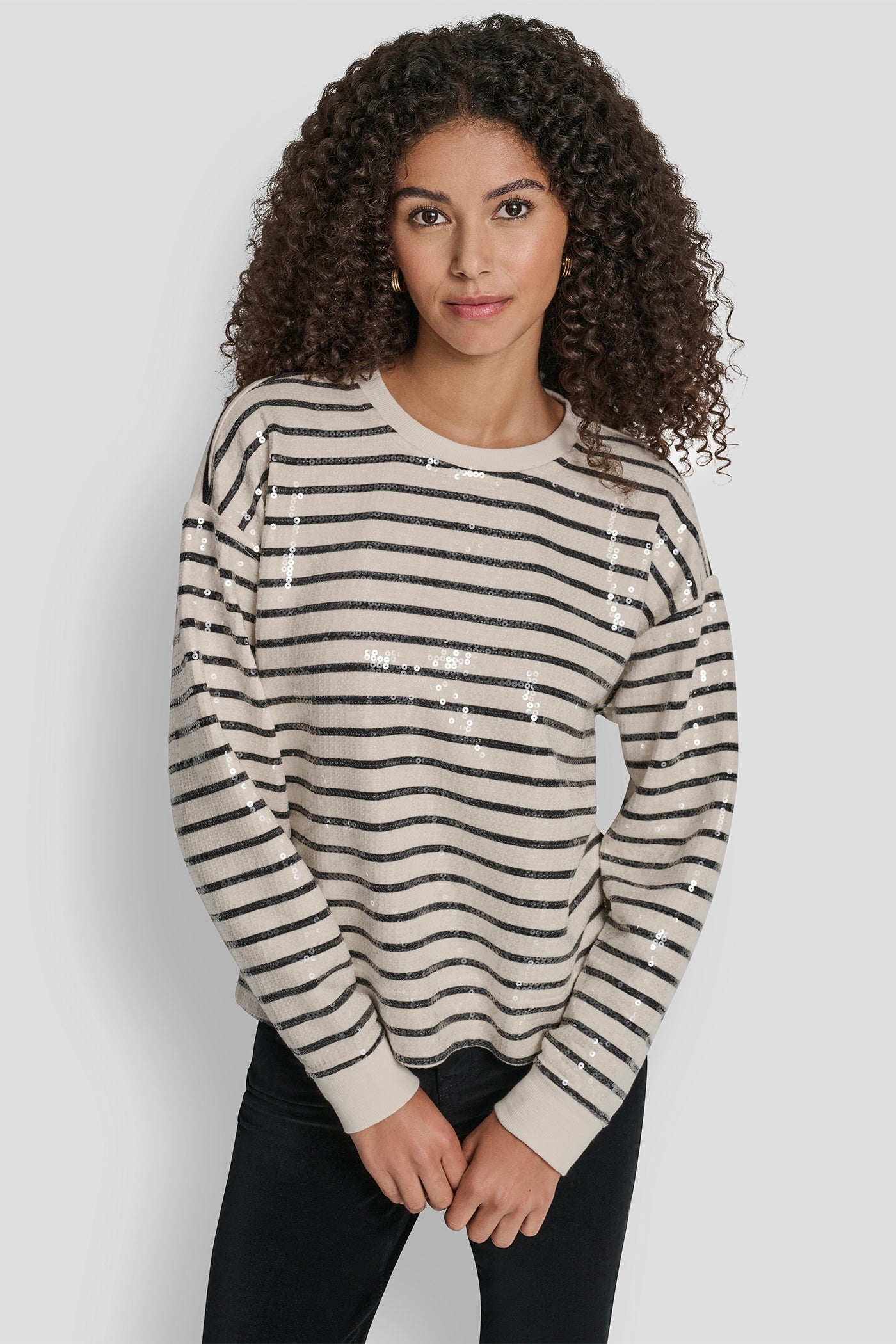 EGGNOG/BLACK SEQUINS LONG SLEEVE SWEATSHIRT, FRONT VIEW | DKNY Promo