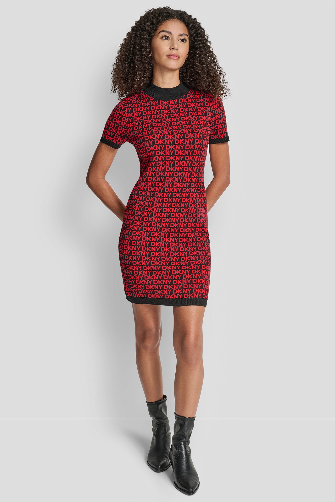 Black/Crimson LOGO JACQUARD BALLET SLEEVE MOCK NECK SHORT DRESS, VIEW 1 | Dresses & Jumpsuits