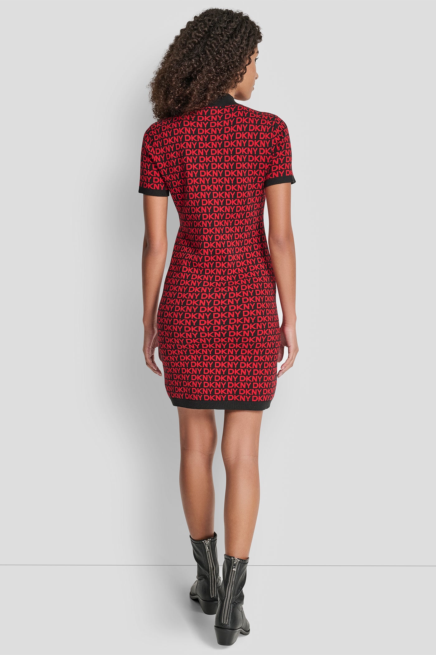 Black/Crimson LOGO JACQUARD BALLET SLEEVE MOCK NECK SHORT DRESS, VIEW 2 | Dresses & Jumpsuits