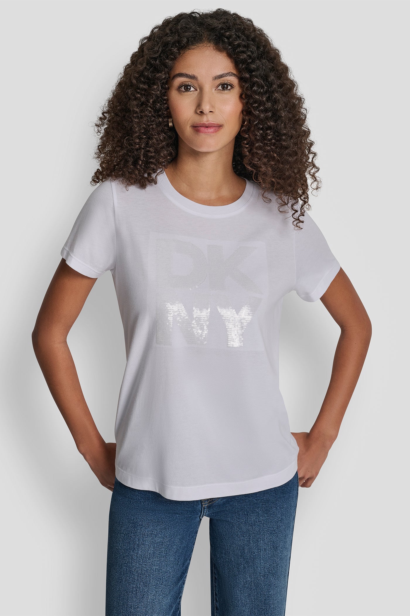 White DKNY SEQUIN LOGO CREW NECK TEE, FRONT VIEW | DKNY Promo