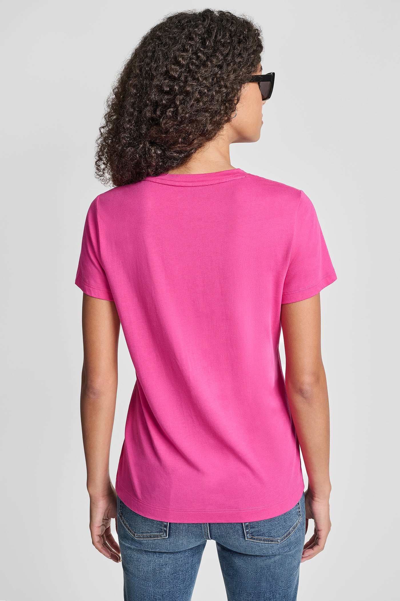 FESTIVE PINK/ BLACK FLOCKED LOGO CREW NECK TEE, VIEW 2 | DKNY Promo