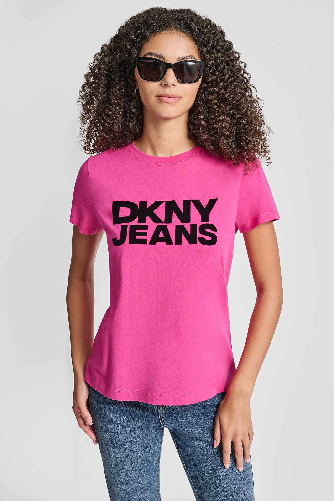 FESTIVE PINK/ BLACK FLOCKED LOGO CREW NECK TEE, VIEW 1 | DKNY Promo