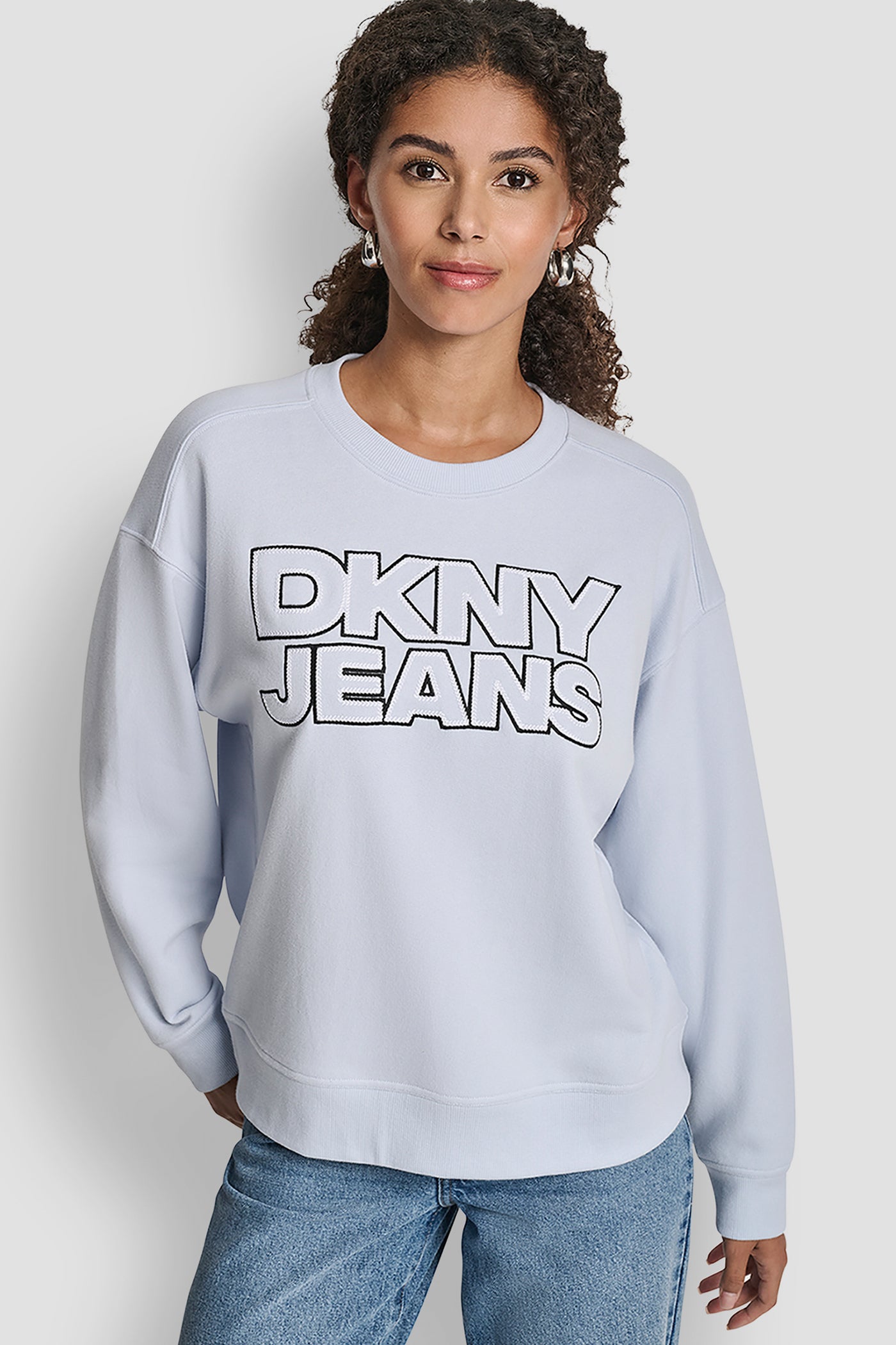Frost Blue/Black/White DKNY JEANS CHAINSTITCH OUTLINE LOGO CREW NECK SWEATSHIRT, FRONT VIEW | All Products