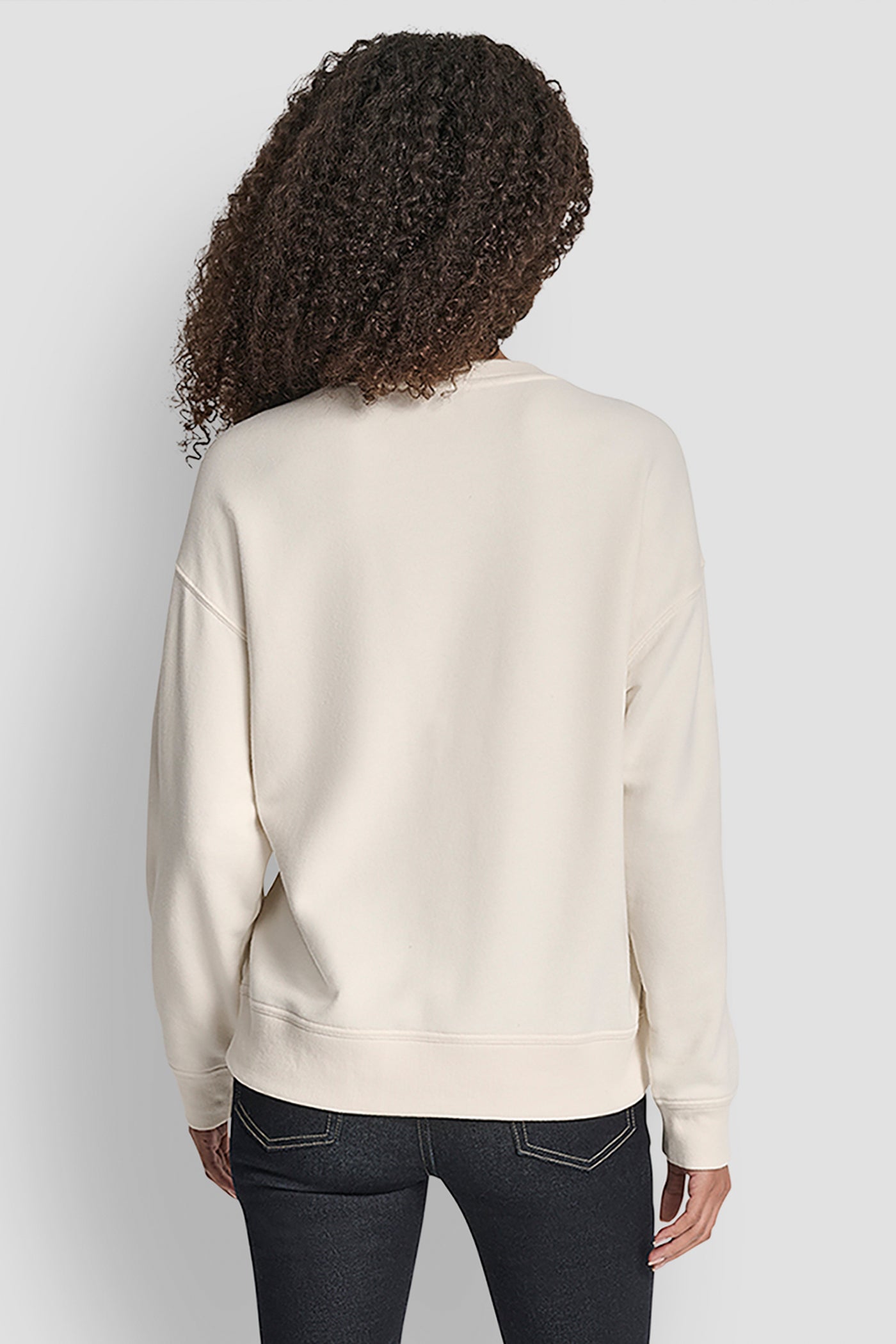 EGGNOG/TRAVERTINE/CHARCOAL DKNY OUTLINE RHINESTONE NY PRINTED LOGO CREW NECK SWEATSHIRT, BACK VIEW | DKNY Promo