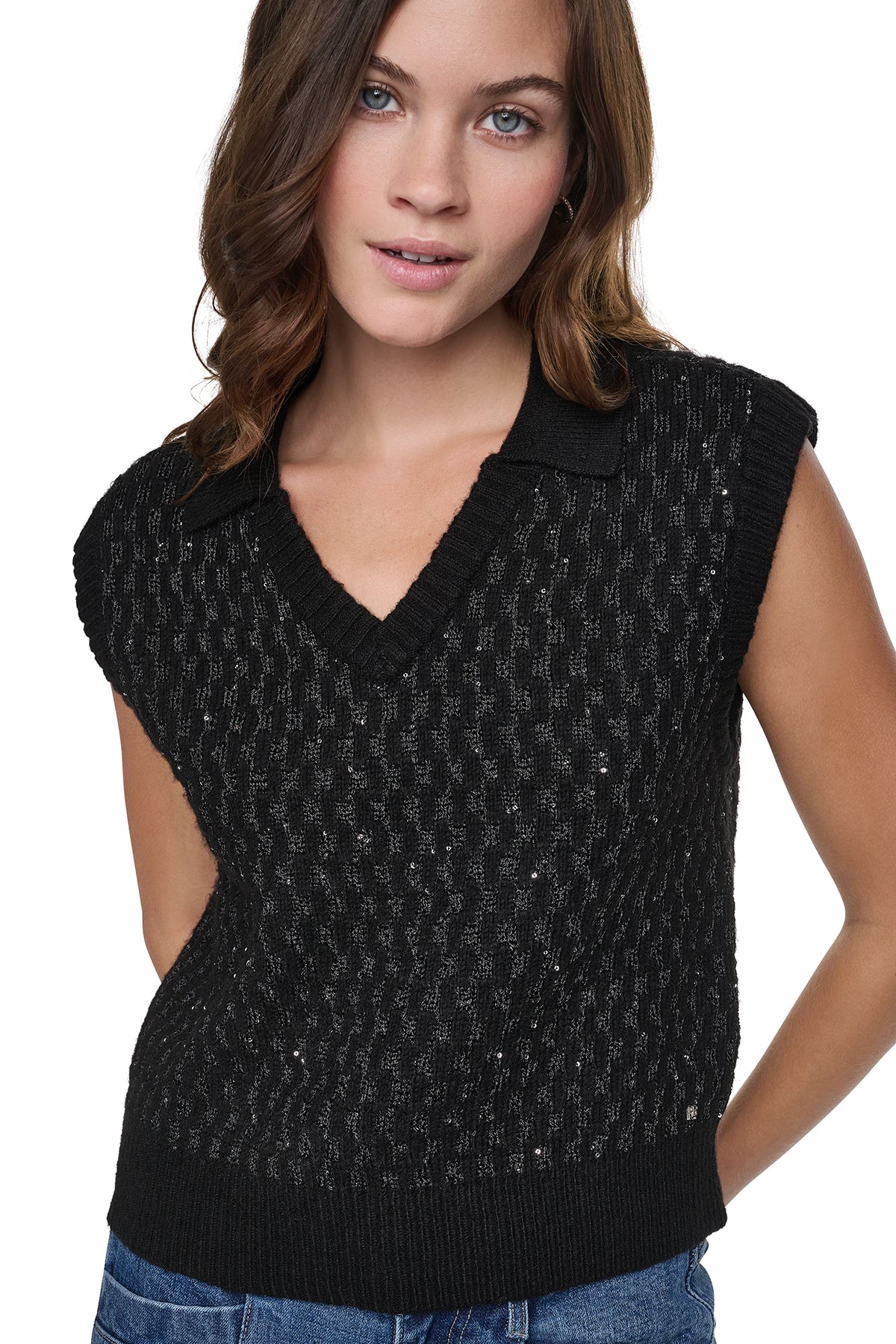 SEQUIN POLO SWEATER VEST VIEW 1