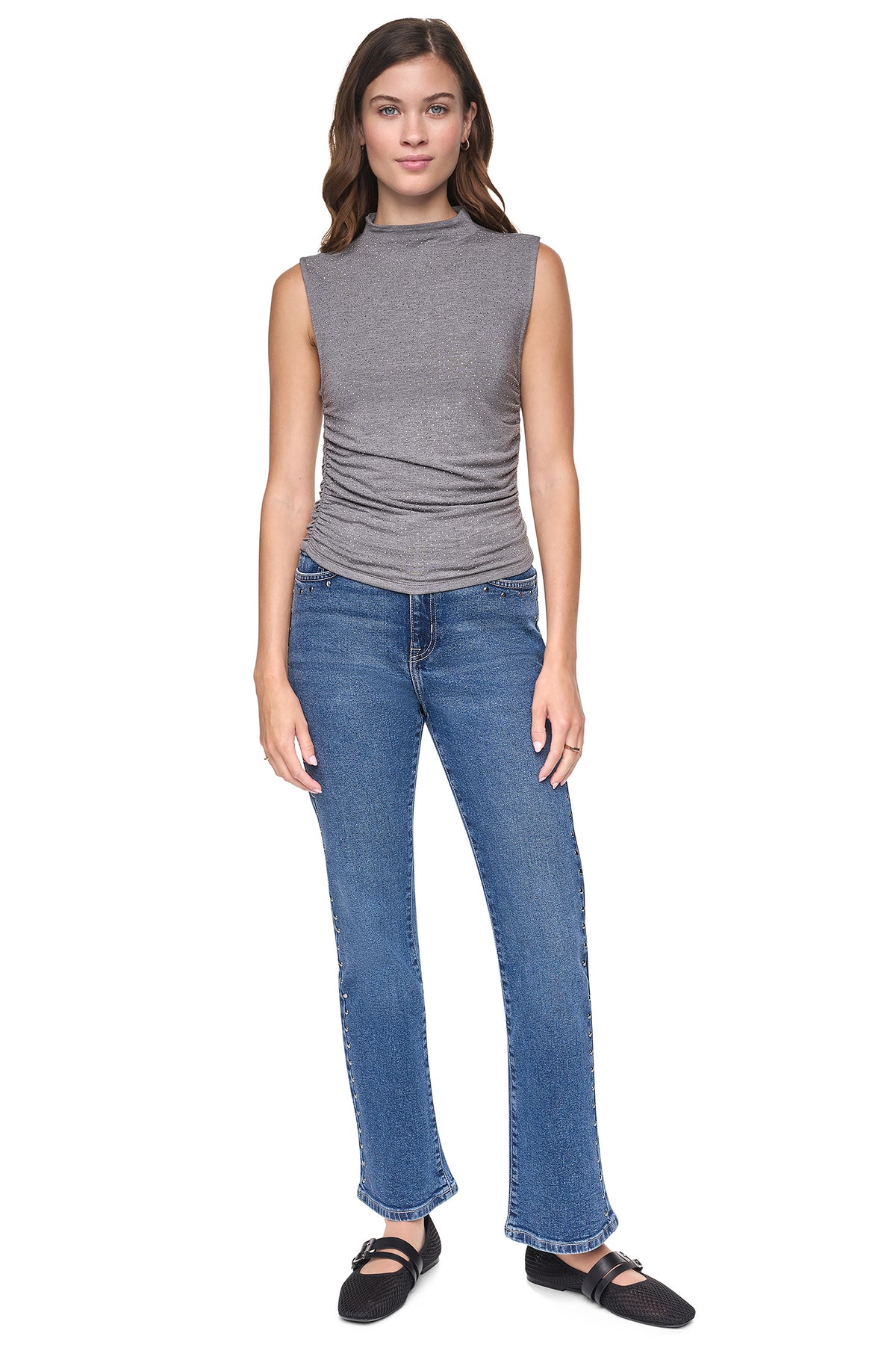 RHINESTONE RUCHED SLEEVELESS TOP VIEW 2