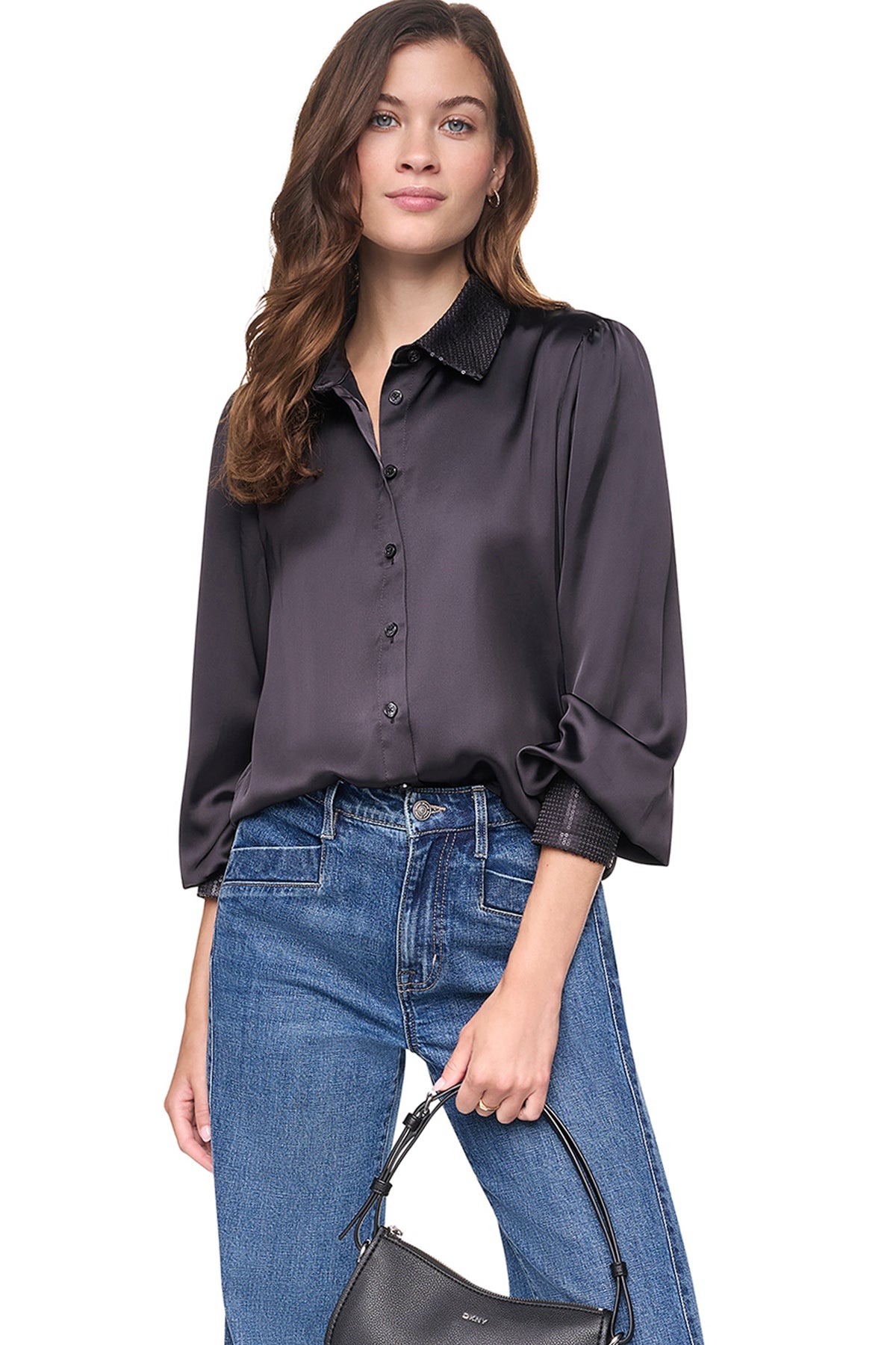 MATTE SATIN PUFF SLEEVE SHIRT VIEW 1