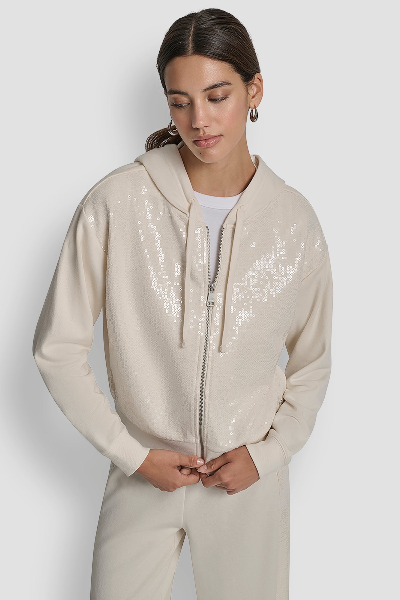 Beige SEQUIN ZIP FRONT HOODIE, VIEW 1 | New Arrivals