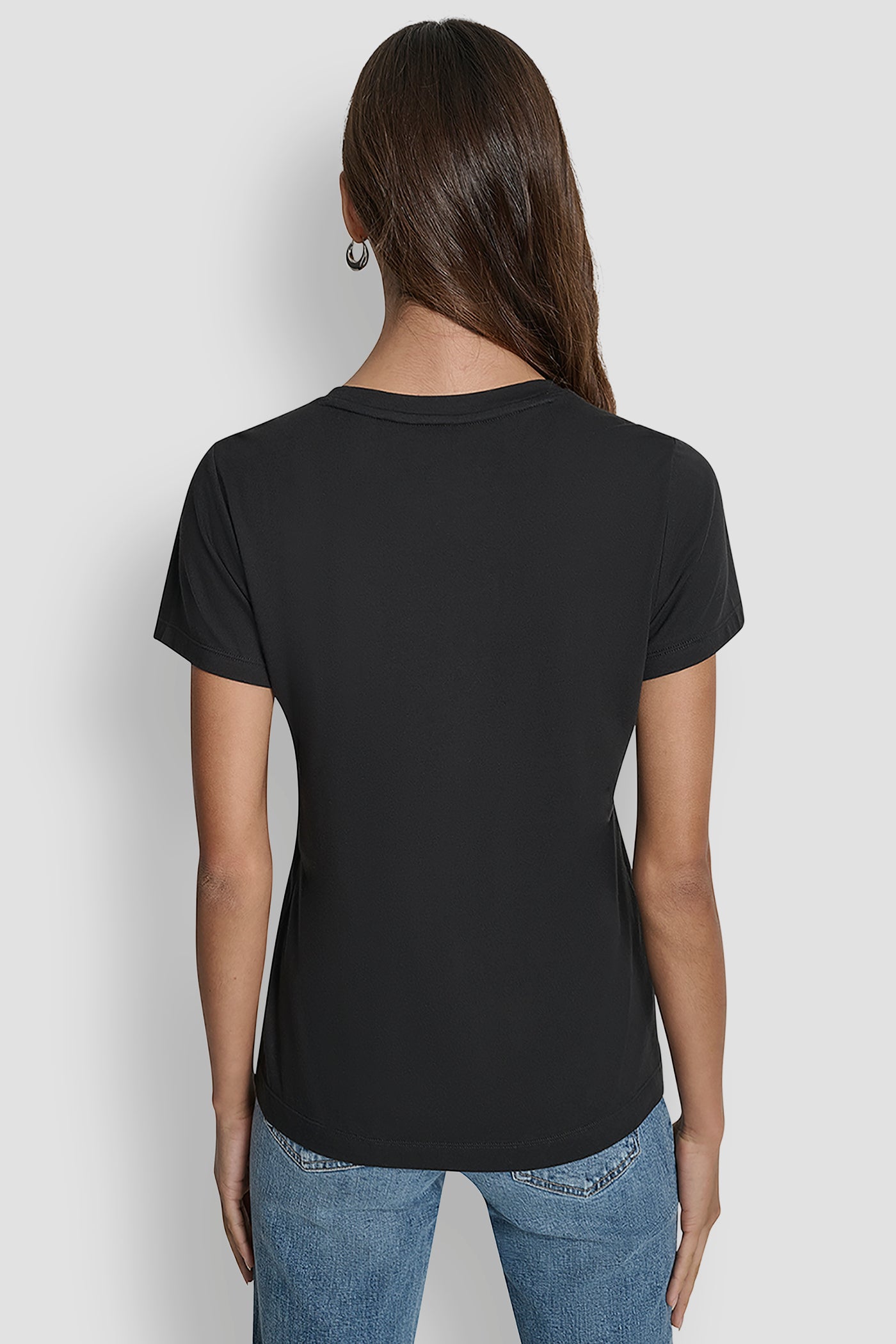 Black DKNY SEQUIN LOGO CREW NECK TEE, BACK VIEW | DKNY Promo