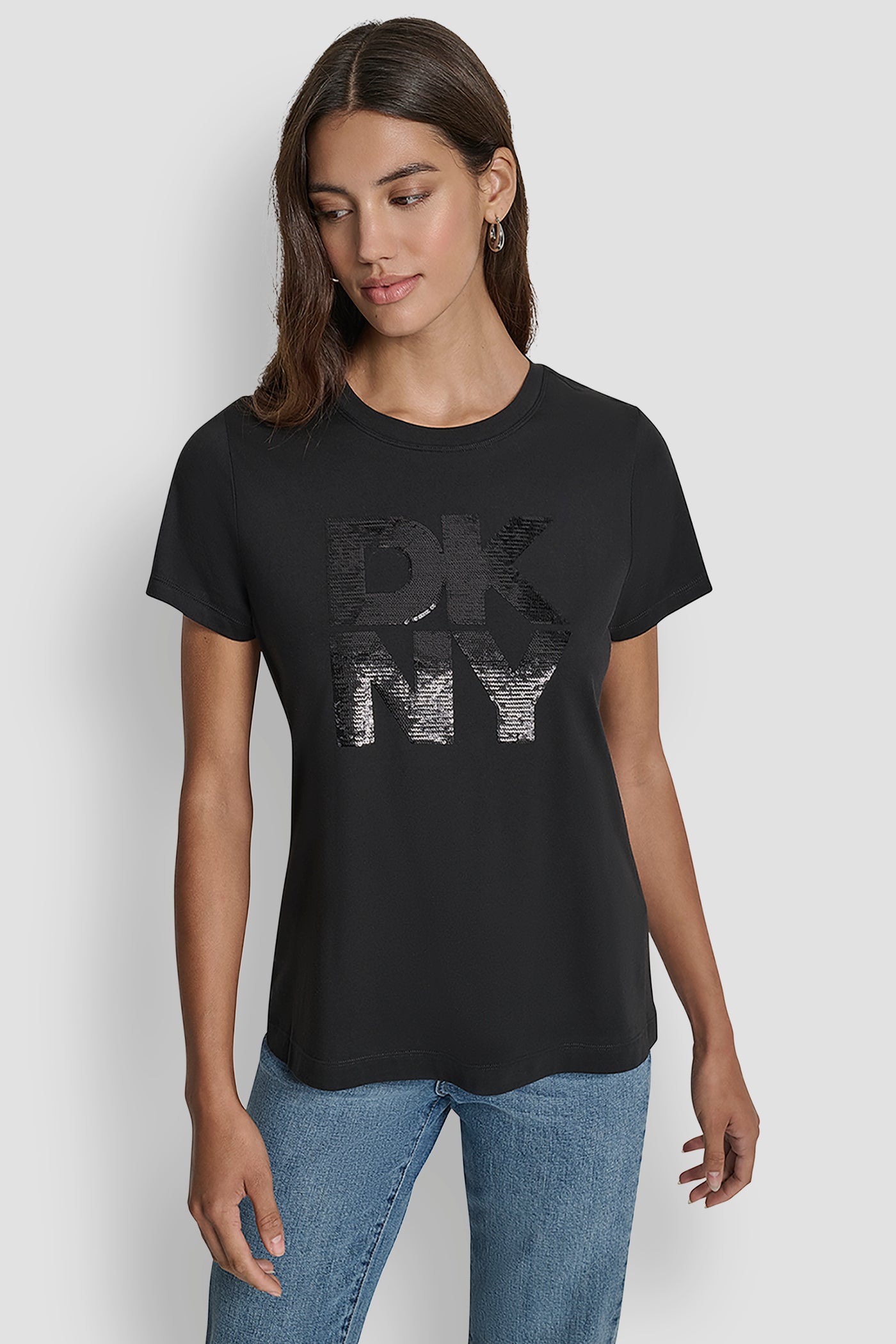 Black DKNY SEQUIN LOGO CREW NECK TEE, FRONT VIEW | DKNY Promo