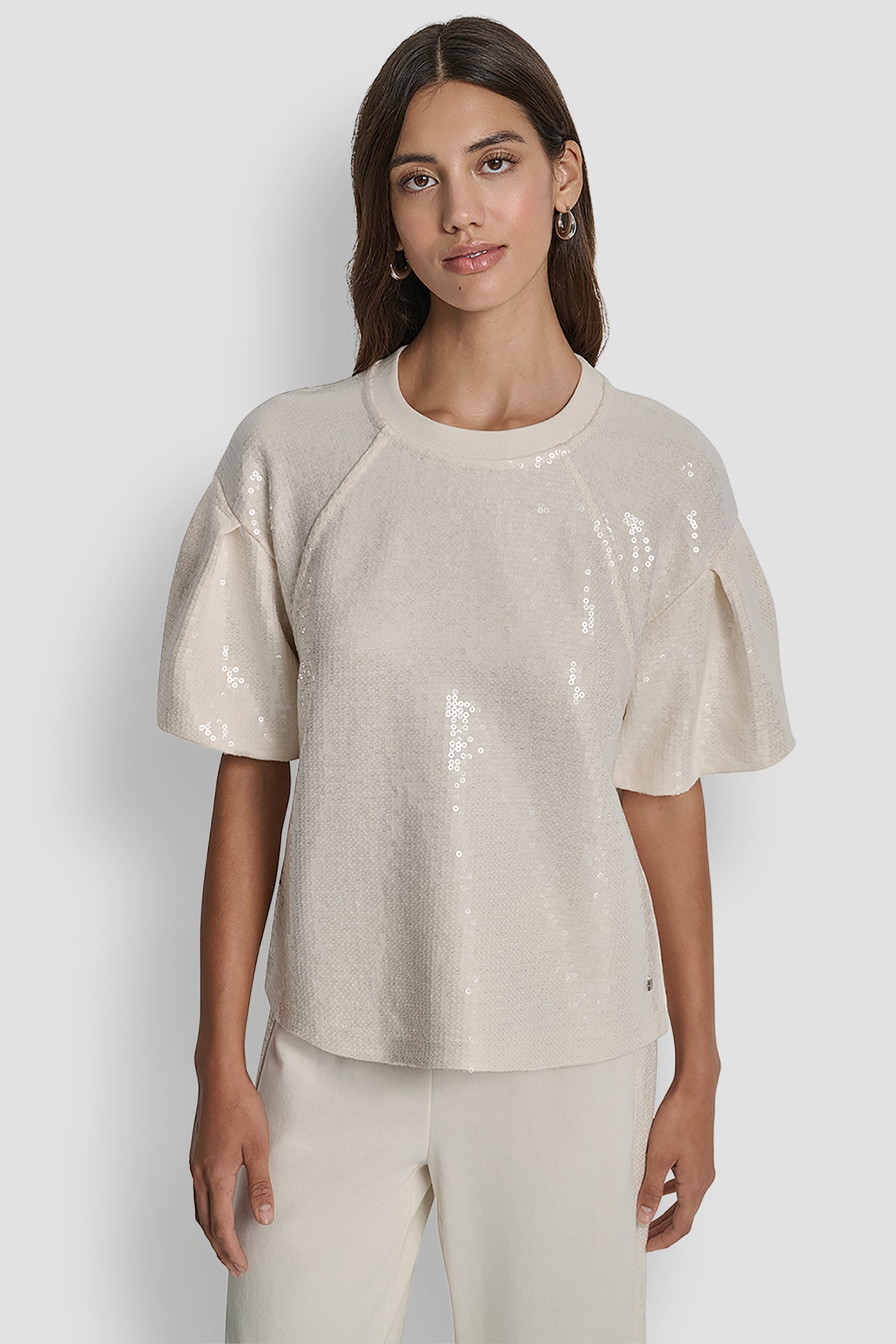 EGGNOG SEQUIN PUFF SLEEVE SWEATER, FRONT VIEW | WOMEN'S SWEATERS & TOPS