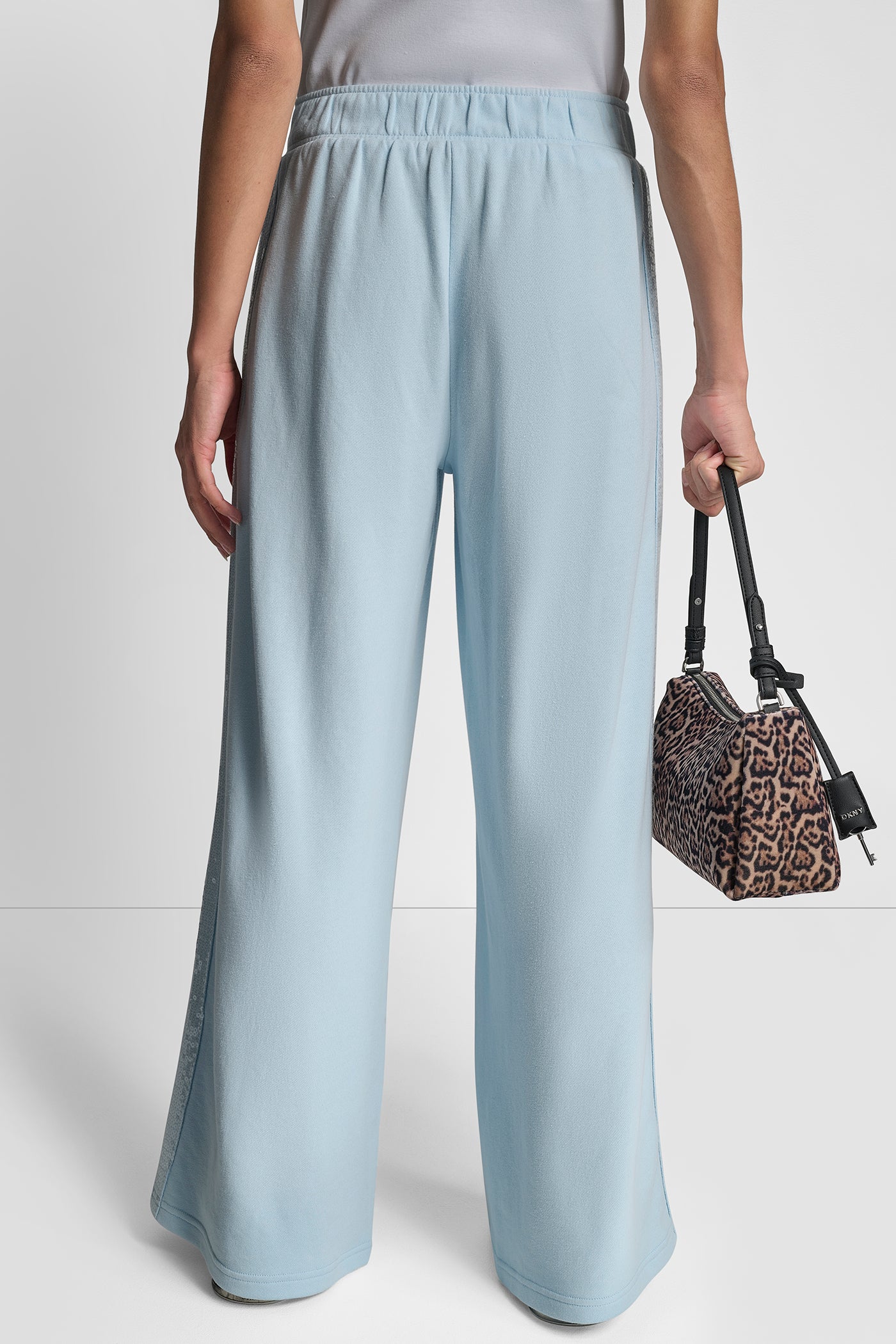 MOONSTONE SEQUIN SIDE SEAM STRIPE WIDE LEG PANT, BACK VIEW | DKNY Promo