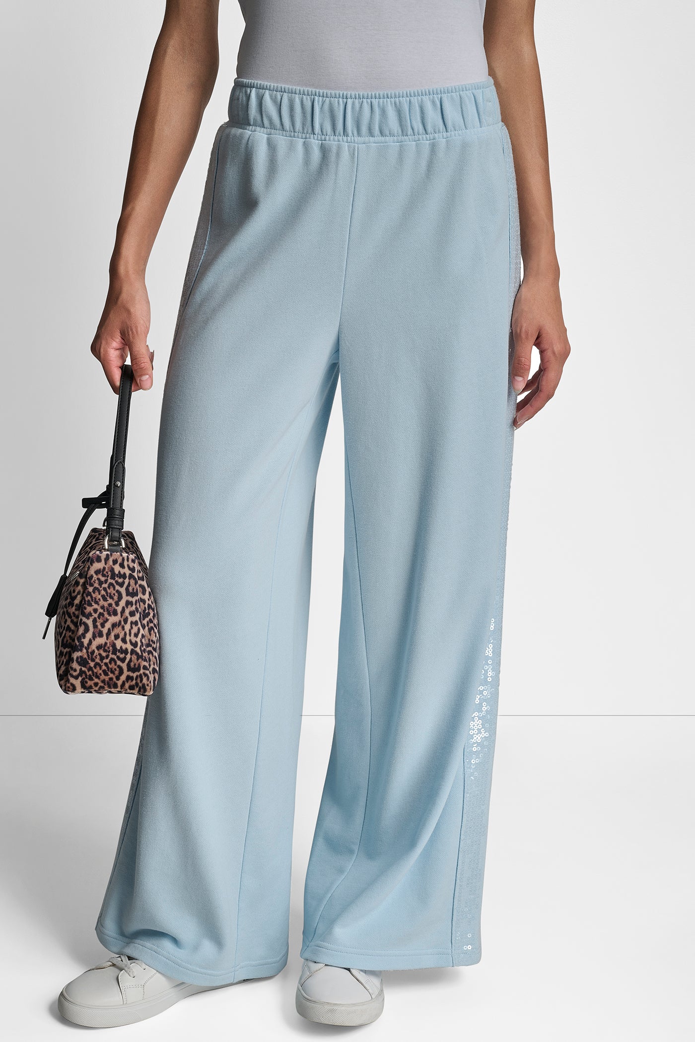 MOONSTONE SEQUIN SIDE SEAM STRIPE WIDE LEG PANT, FRONT VIEW | DKNY Promo