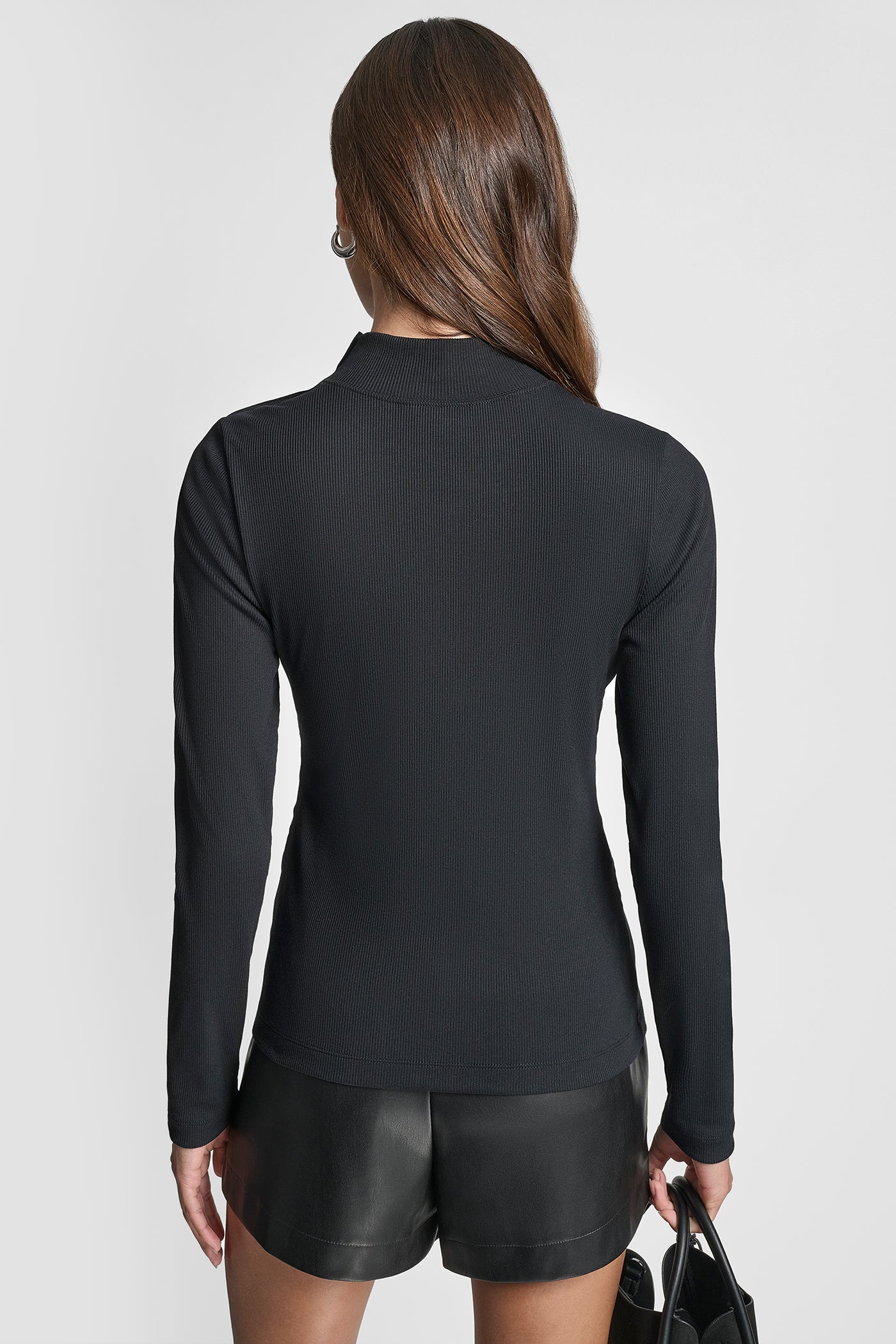 Black JEWEL BUTTON SHOULDER MOCK NECK LONG SLEEVE TEE, VIEW 2 | DKNY Promo