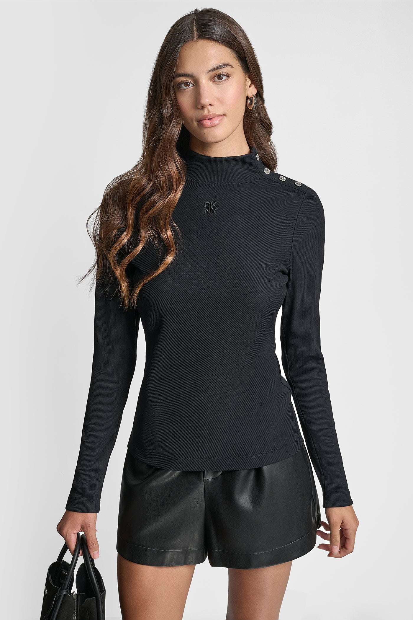 Black JEWEL BUTTON SHOULDER MOCK NECK LONG SLEEVE TEE, VIEW 1 | DKNY Promo