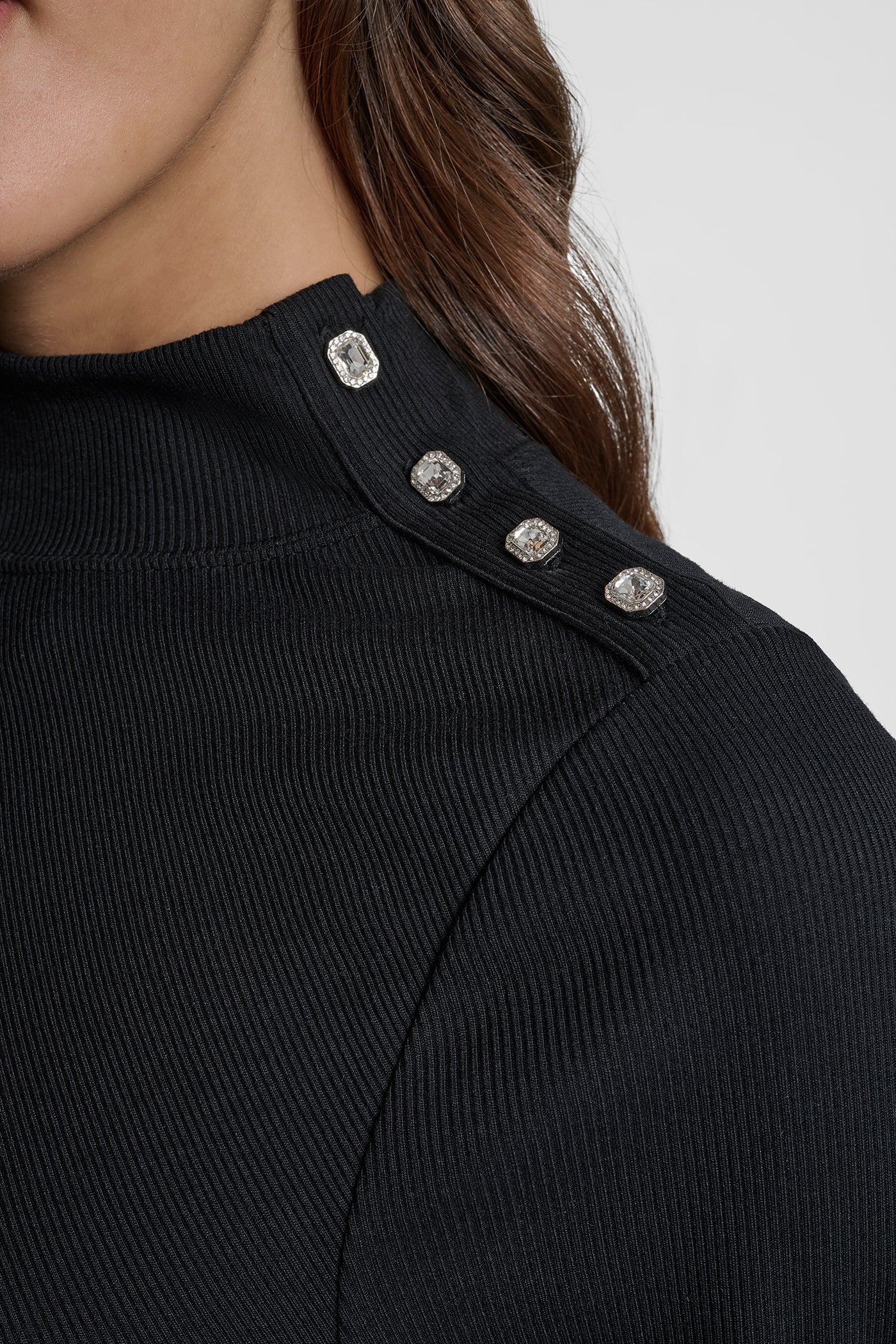 JEWEL BUTTON SHOULDER MOCK NECK LONG SLEEVE TEE VIEW 4 | DKNY Promo