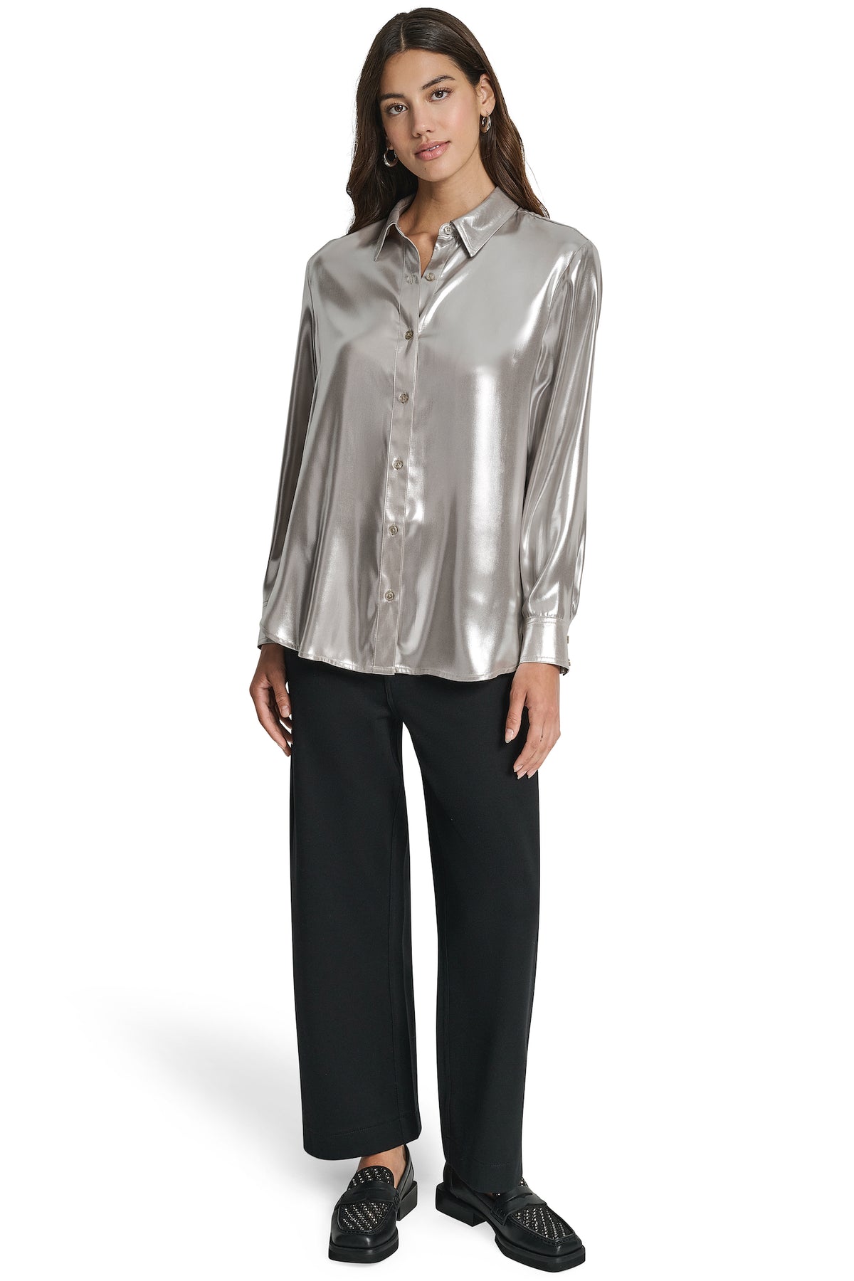 BUTTON FRONT METALLIC BLOUSE VIEW 2