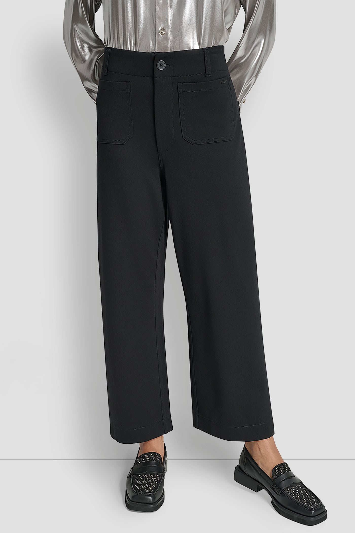 Black HIGH RISE CROPPED WIDE LEG PANT, FRONT VIEW | Pants & Denim