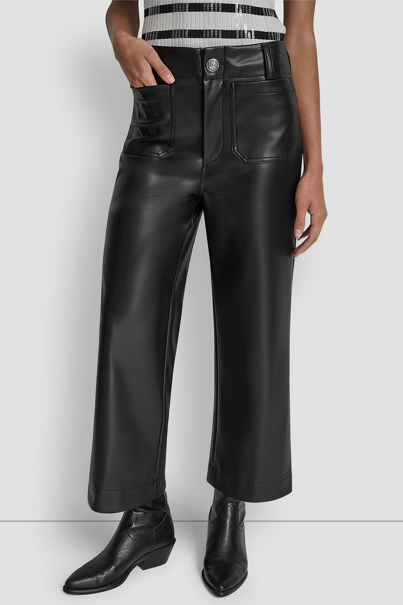 Black HIGH RISE CROPPED WIDE LEG PANT, FRONT VIEW | Pants & Denim