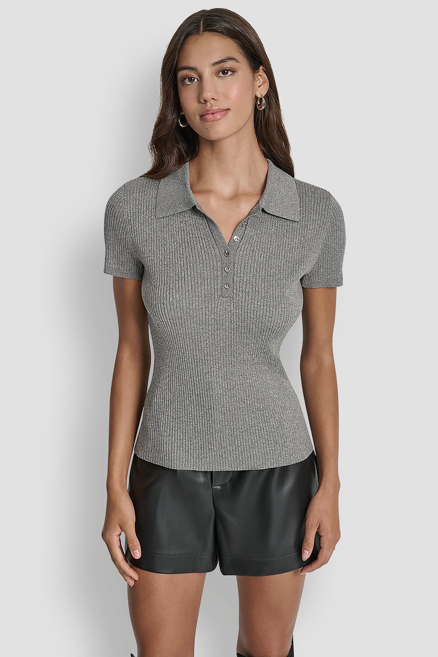 HEATHER GREY/SILVER POLO RIB SWEATER WITH LUREX, FRONT VIEW | New clothing