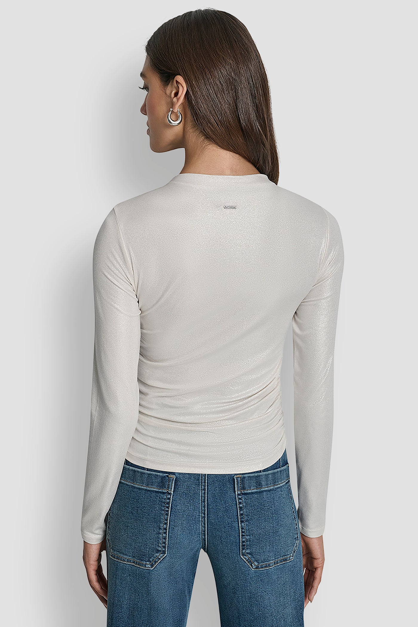 MOONSTONE SIDE RUCHED HIGH NECK LONG SLEEVE TOP, BACK VIEW | WOMEN'S SWEATERS & TOPS
