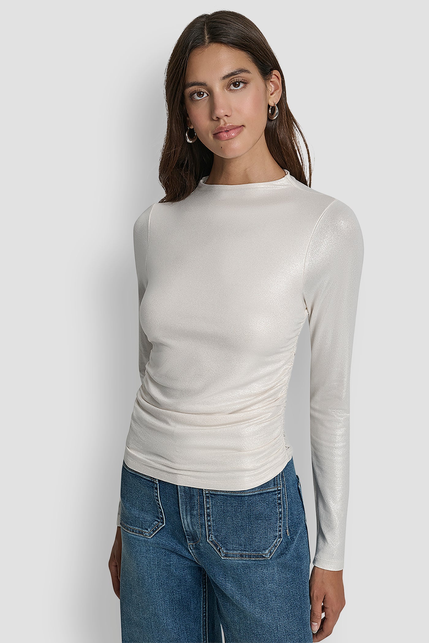 MOONSTONE SIDE RUCHED HIGH NECK LONG SLEEVE TOP, FRONT VIEW | WOMEN'S SWEATERS & TOPS