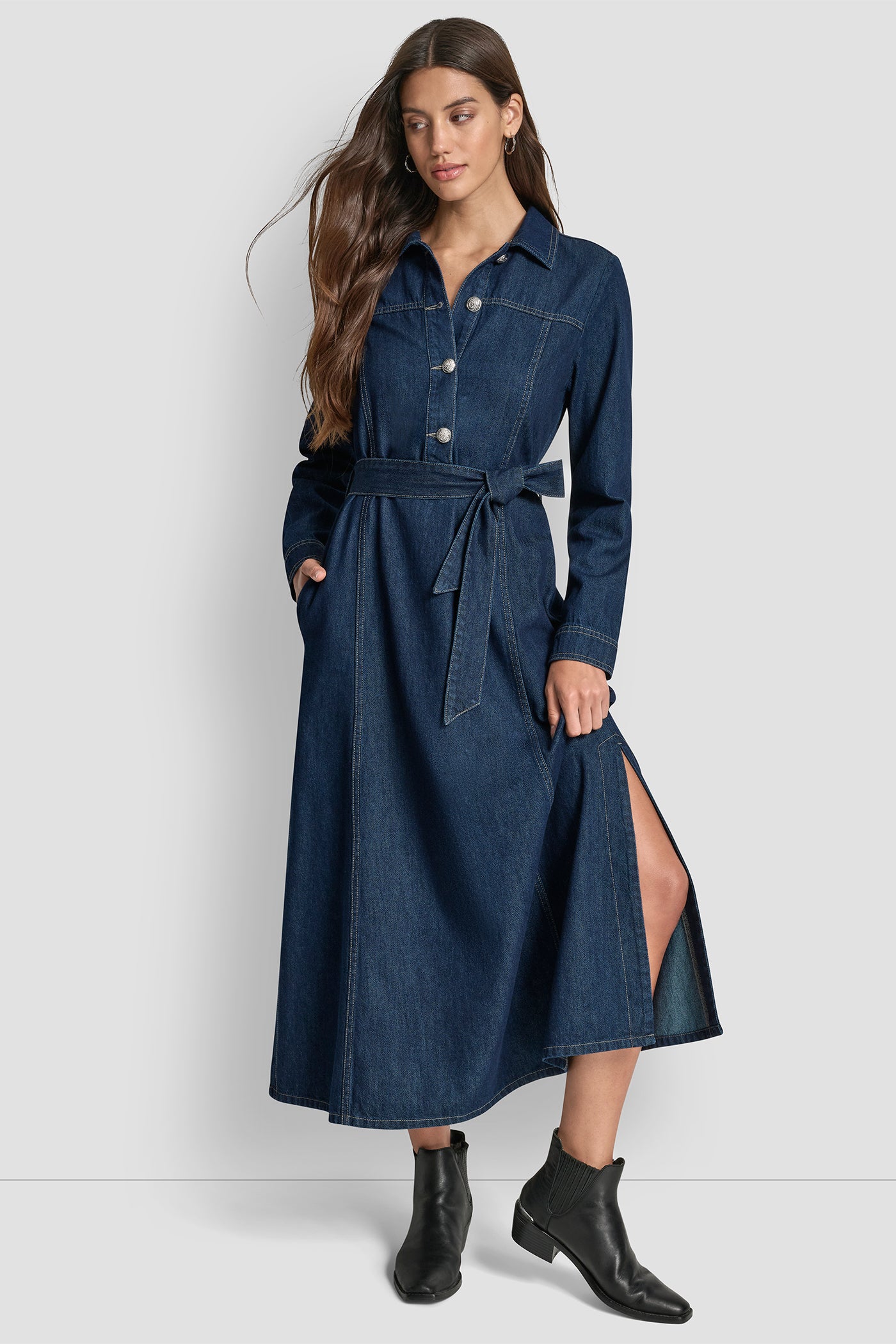 Self Belt Maxi Dress With Side Slits | Shirt Dress | DKNY Self Belt Maxi Dress With Side Slits | Shirt Dress | DKNY