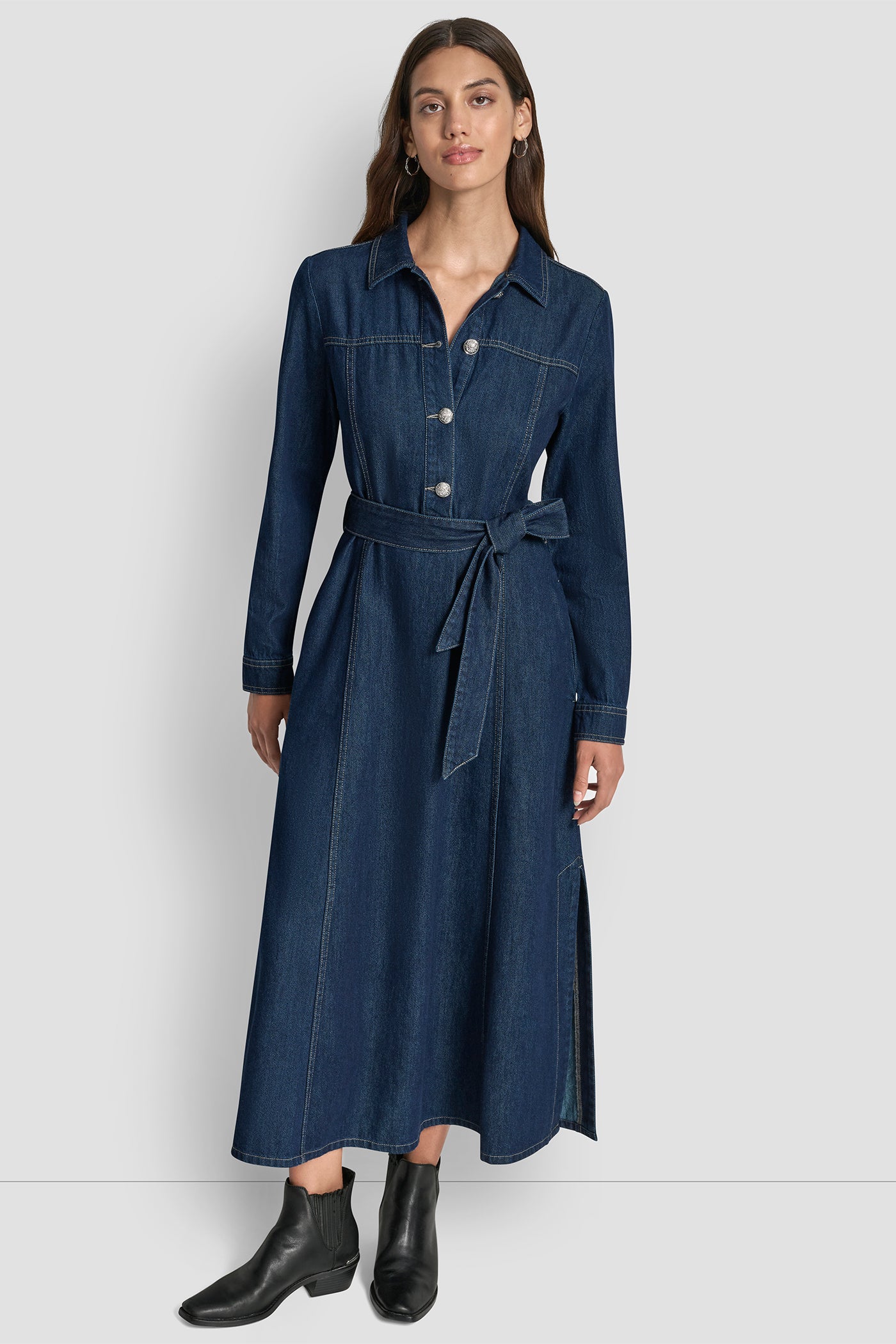 Carmine Wash SELF BELT MAXI DRESS WITH SIDE SLITS, FRONT VIEW | Dresses Under $100