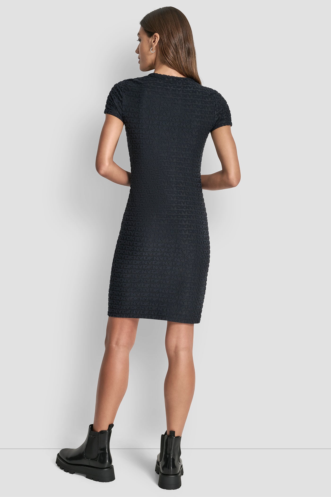 Black LOGO JACQUARD CREW NECK DRESS, BACK VIEW | SALE CLOTHING