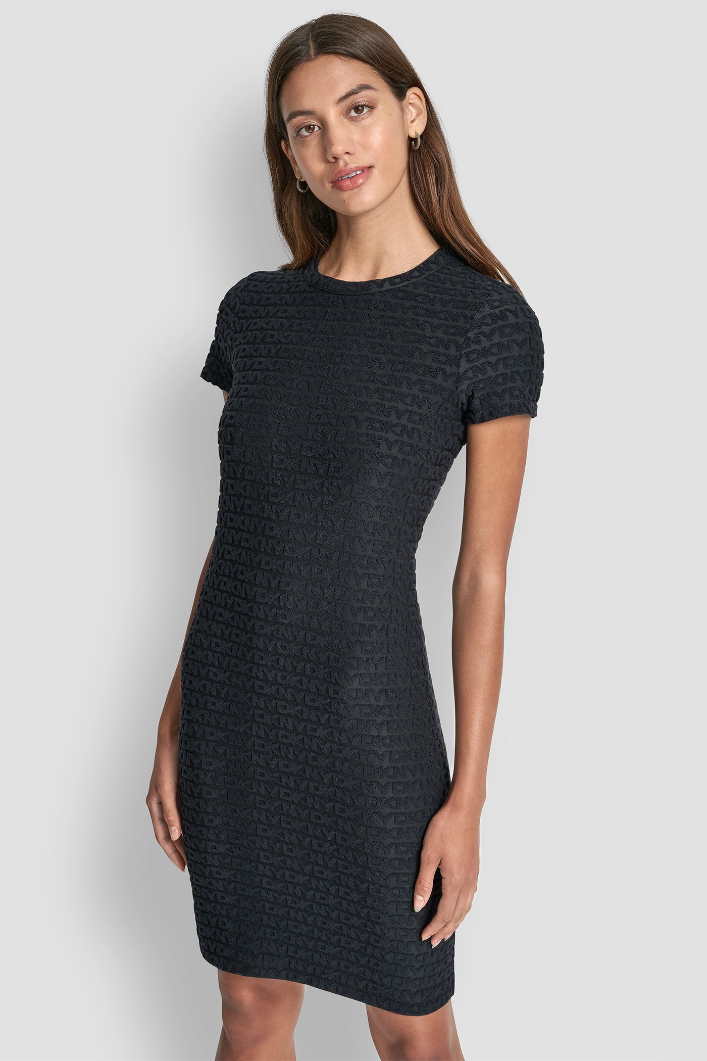 Black LOGO JACQUARD CREW NECK DRESS, FRONT VIEW | SALE CLOTHING