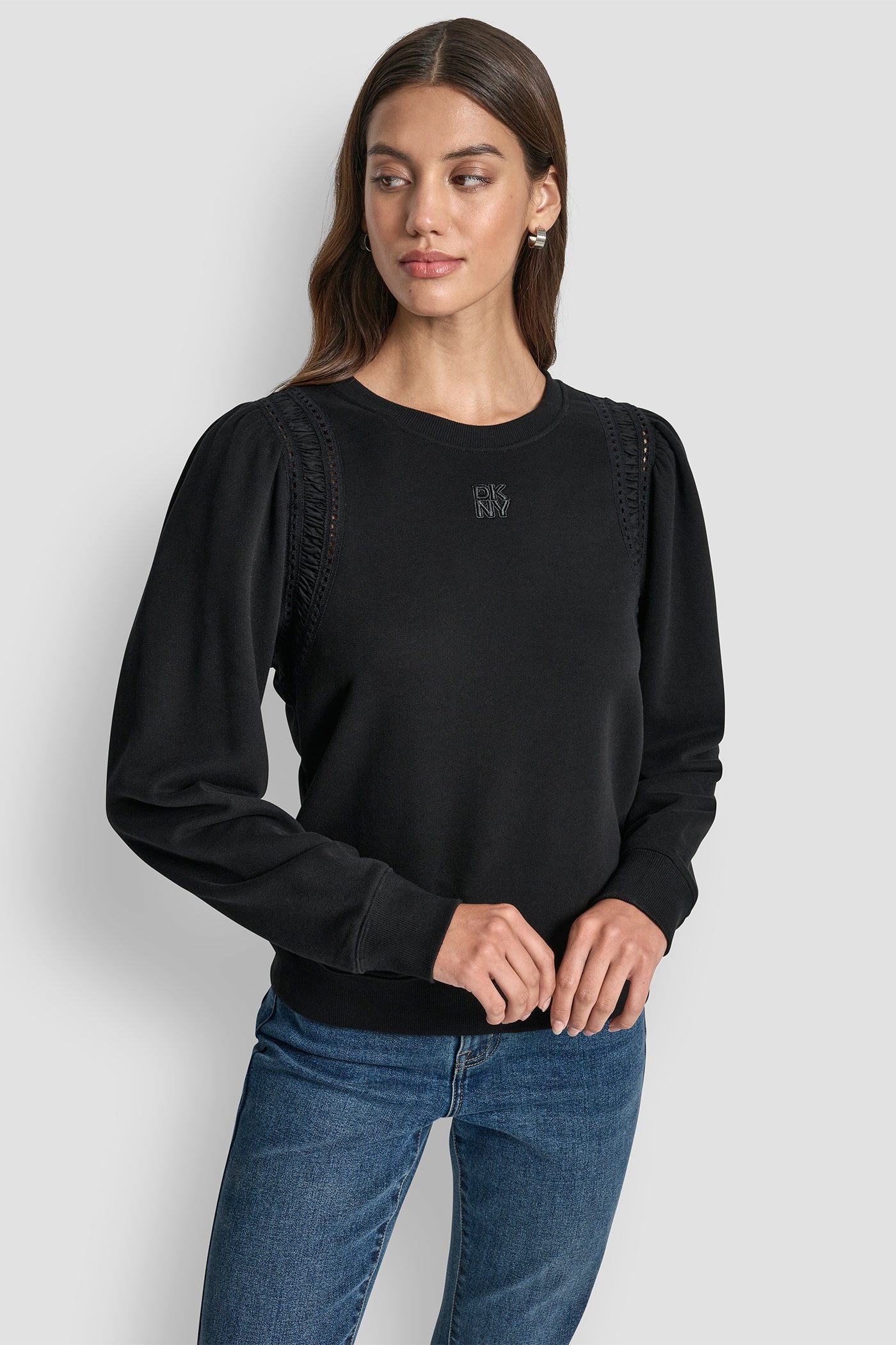 Black LACE DETAIL PUFF SLEEVE SWEATSHIRT, VIEW 1 | Clothing