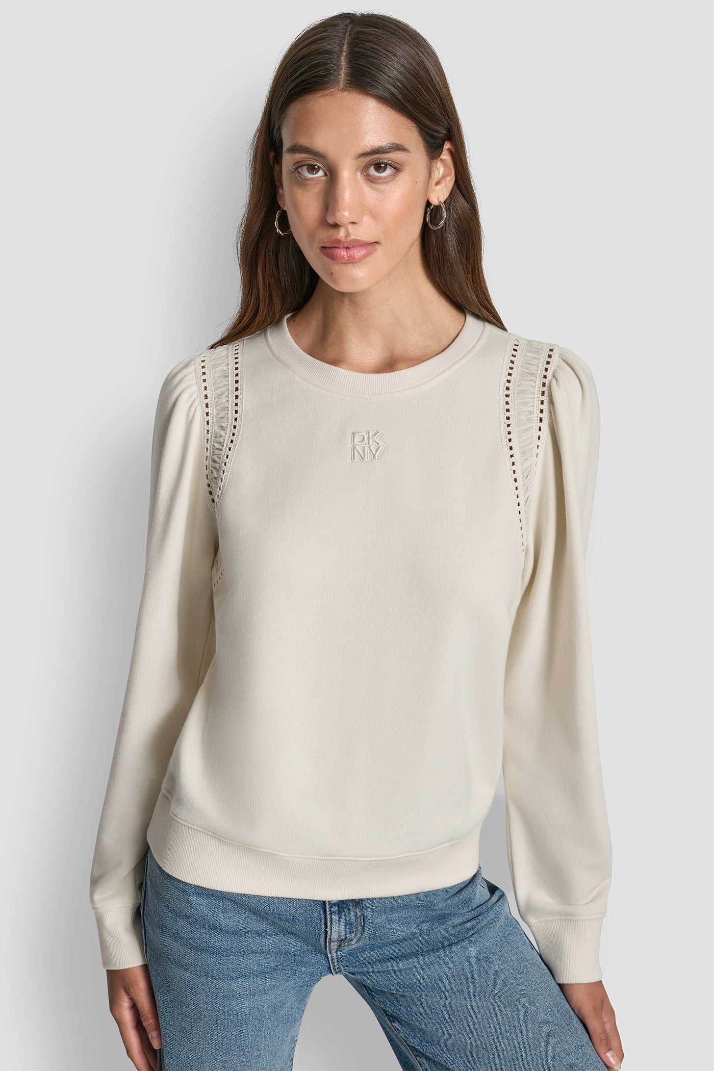 Eggnog LACE DETAIL PUFF SLEEVE SWEATSHIRT, VIEW 1 | WOMEN'S SWEATERS & TOPS