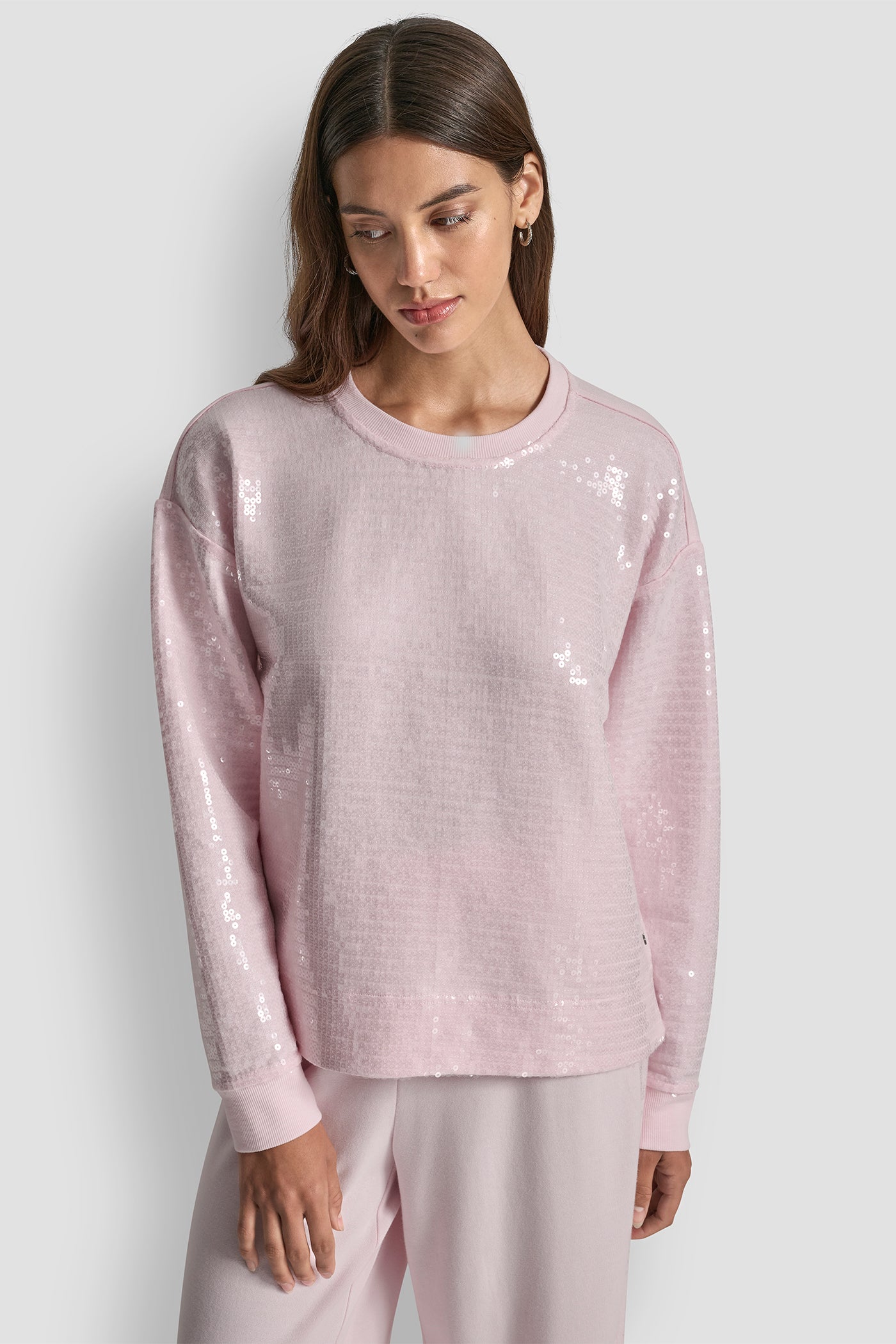 PINK MOON SEQUINS LONG SLEEVE SWEATSHIRT, FRONT VIEW | DKNY Promo