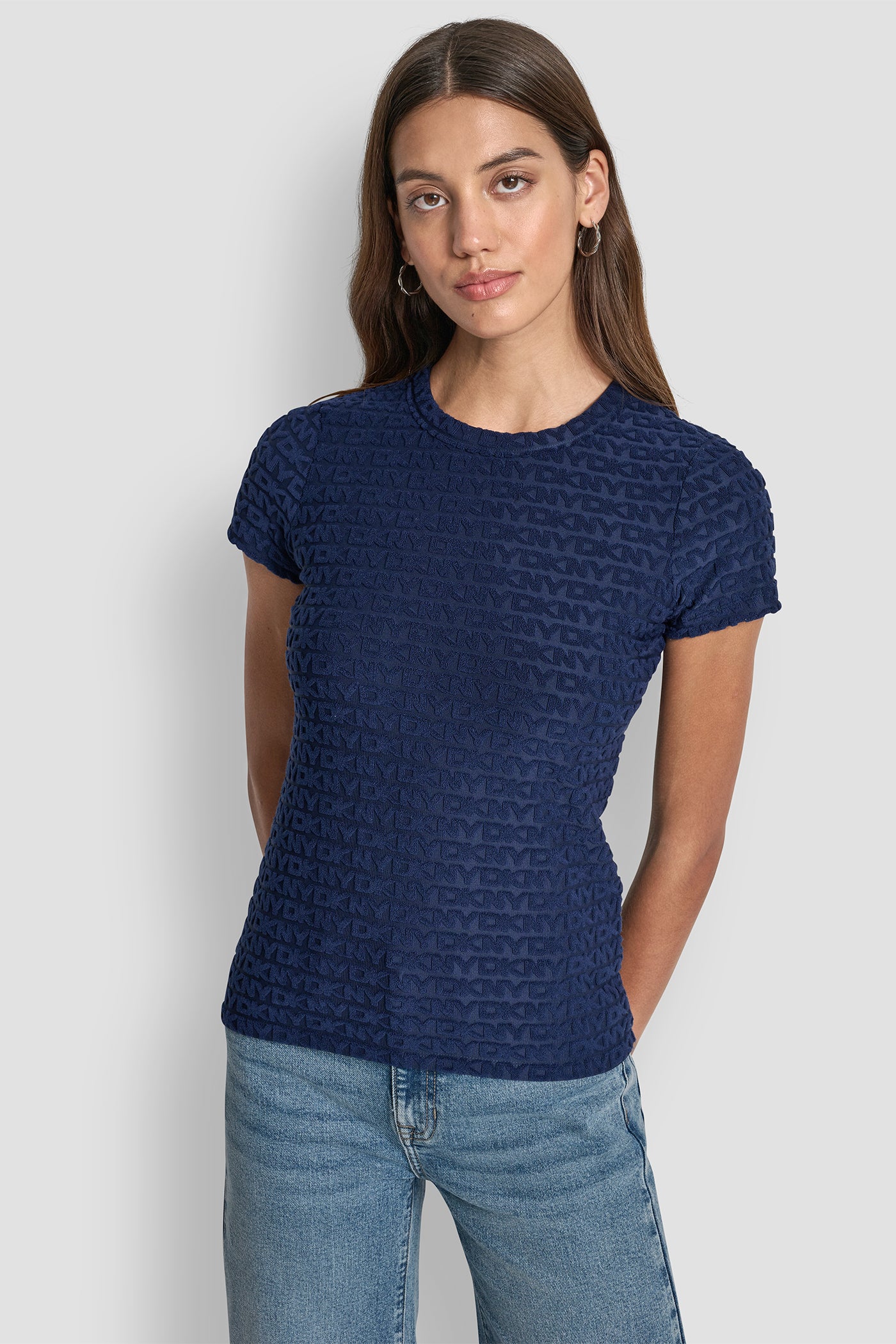 Peacoat LOGO JACQUARD SHORT SLEEVE CREW NECK TEE, FRONT VIEW | Tees & Tanks