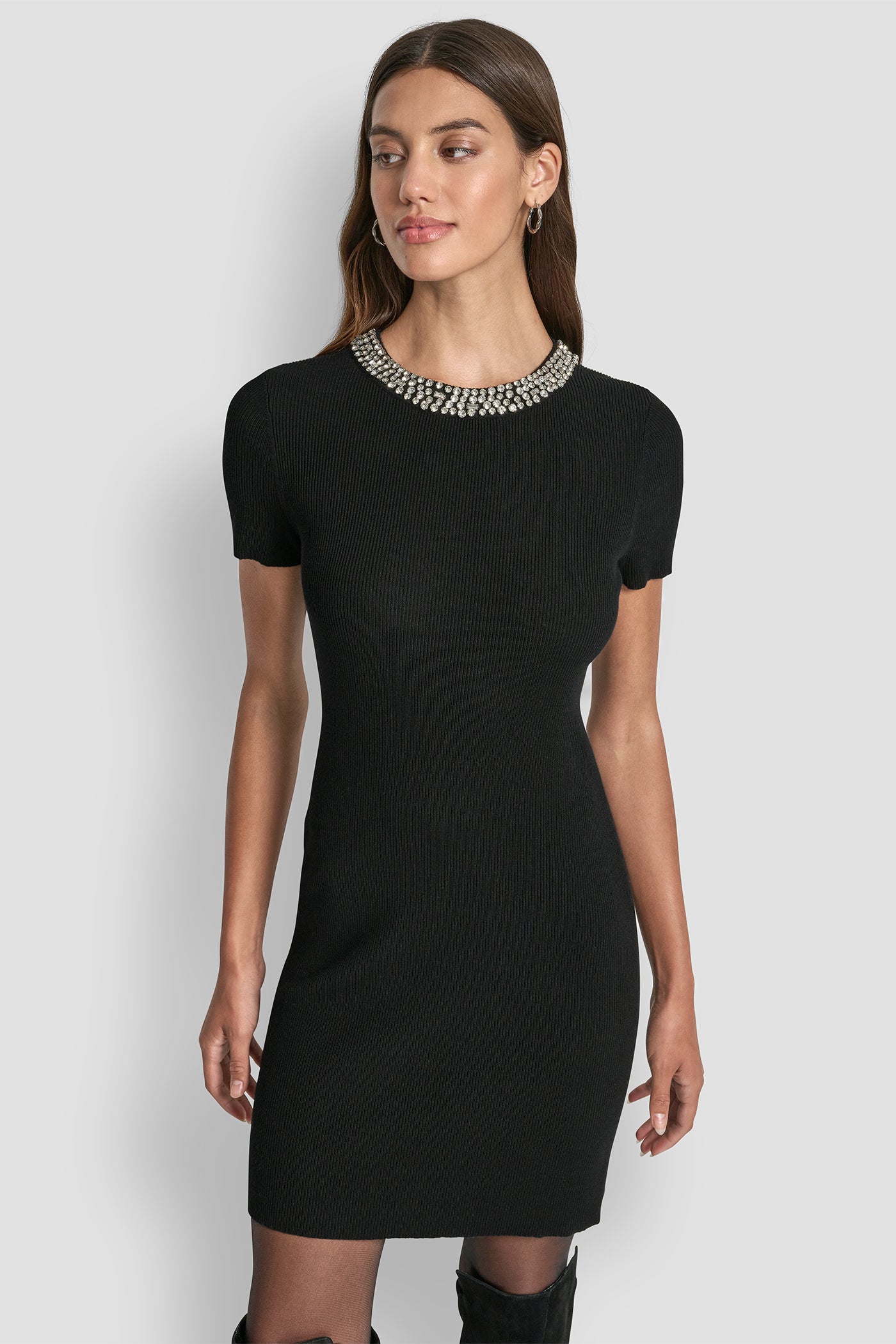 Black SHORT SLEEVE DRESS WITH EMBELISHMENTS, FRONT VIEW | SALE CLOTHING